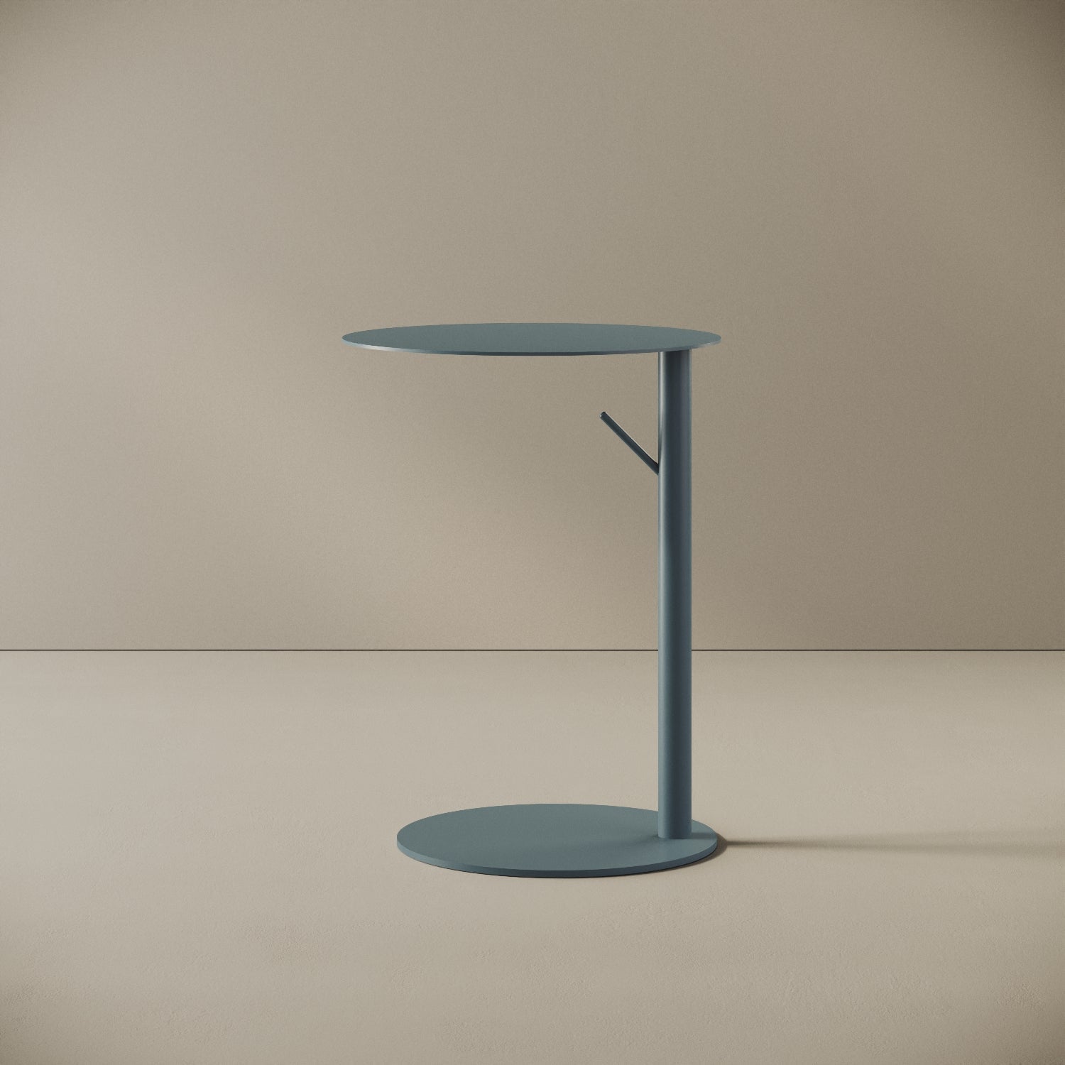 Tavolino da caffè Italia rotondo colore blu, vista frontale — struttura in metallo verniciato a polvere epossidica, piano Ø 45 cm, h 60 cm