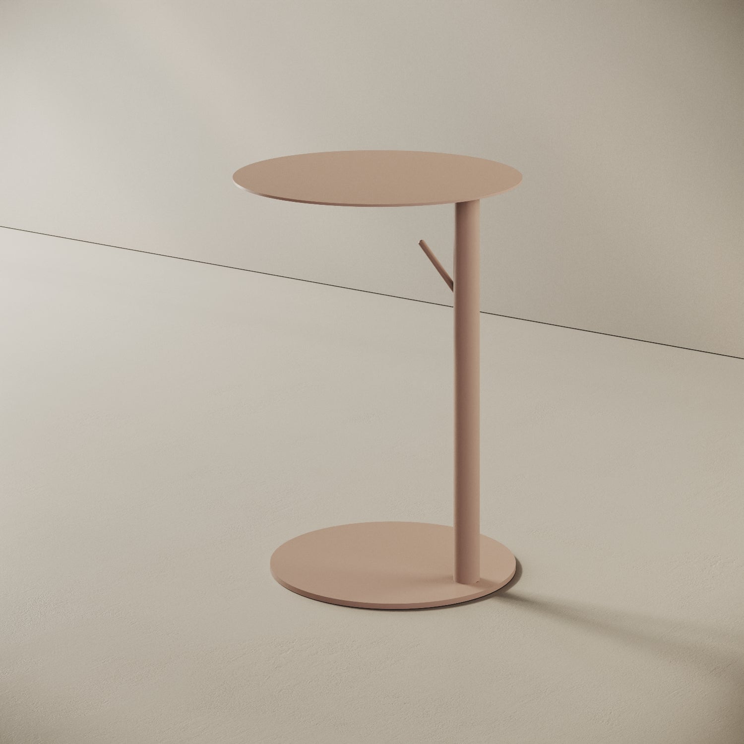 Tavolino Italia rotondo cipria, vista laterale — dettaglio gambe in metallo e base Ø 38 cm
