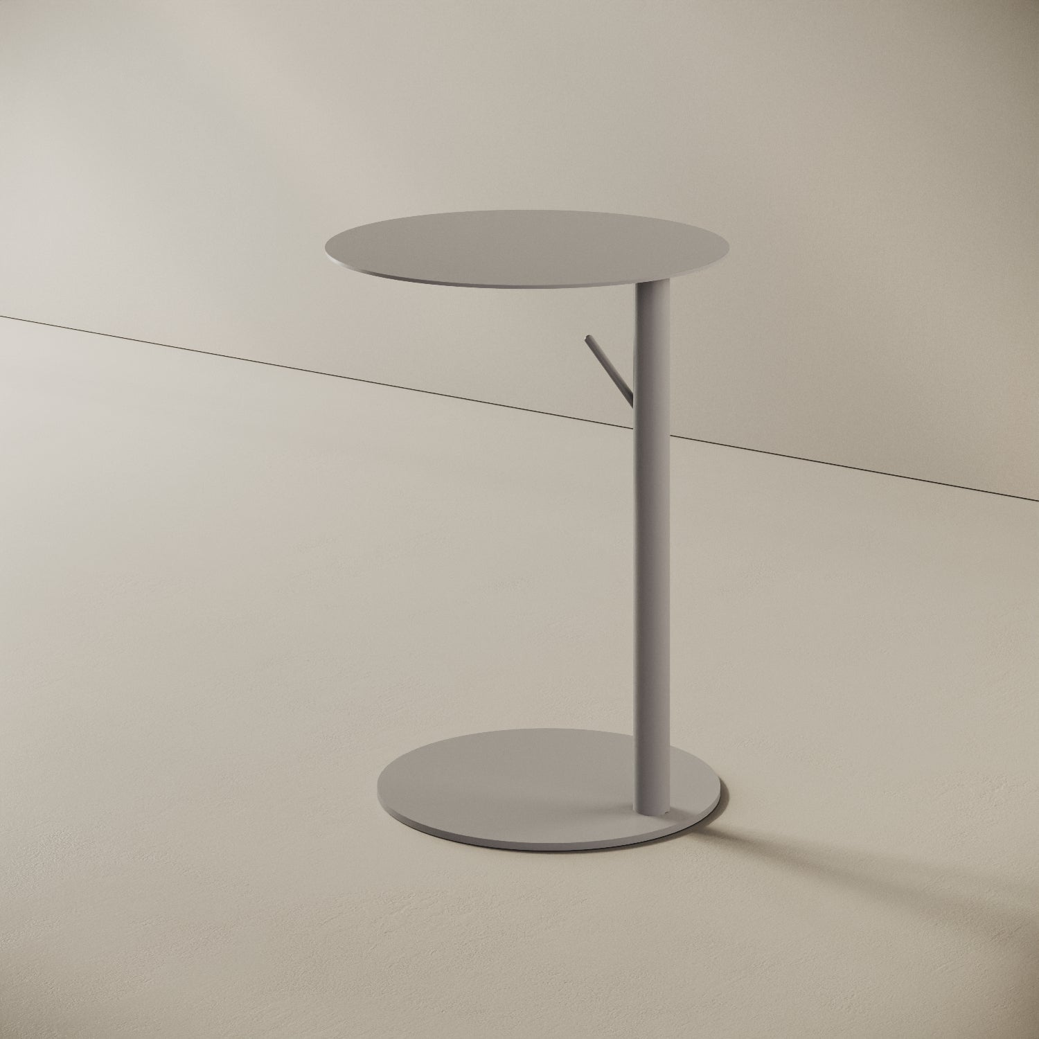 Tavolino Italia rotondo grigio, vista laterale — dettaglio gambe in metallo e base Ø 38 cm