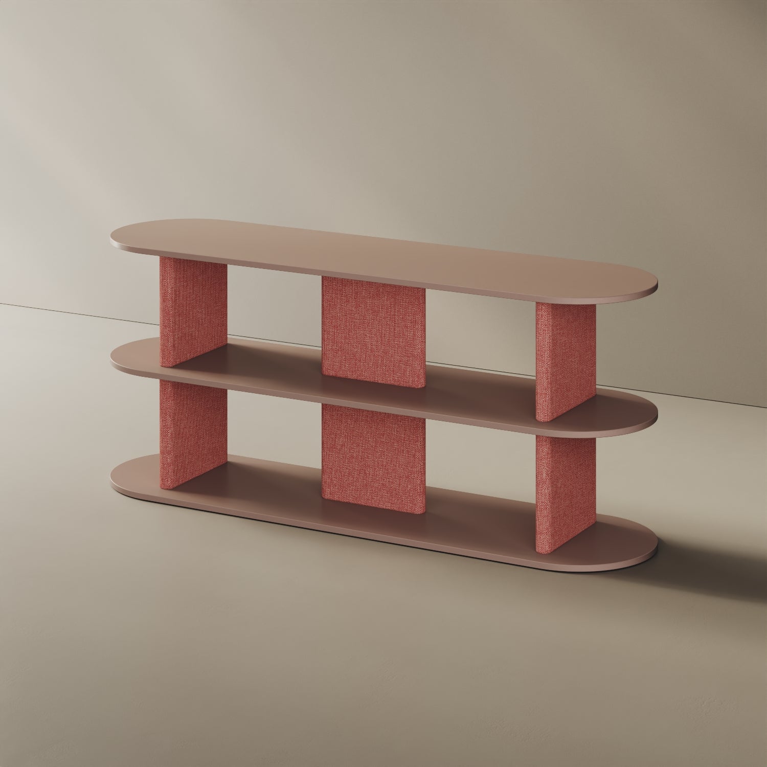 Libreria Strato cipria M, vista laterale – design Mario Alessiani legno nobilitato e tessuto