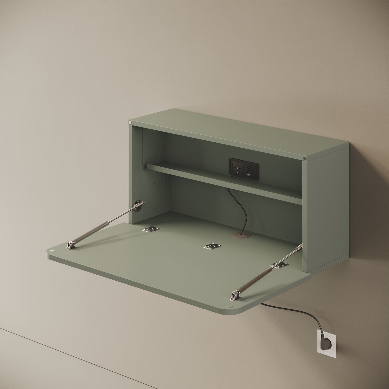 Scrittoio Segno verde elettrificato aperto, vista laterale – piano 84x42 cm, presa e USB integrati