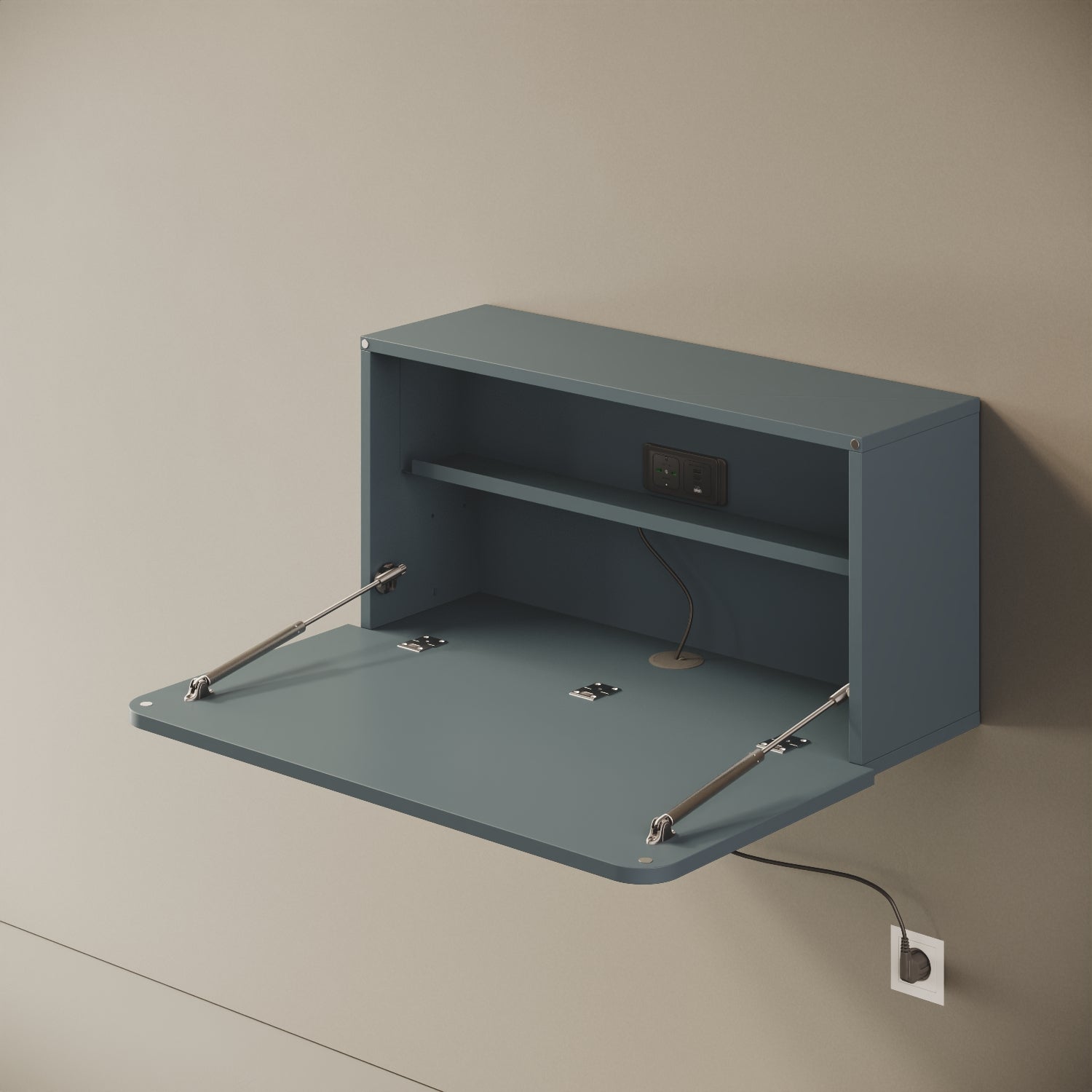 Scrittoio Segno blu elettrificato aperto, vista laterale – piano 84x42 cm, presa e USB integrati