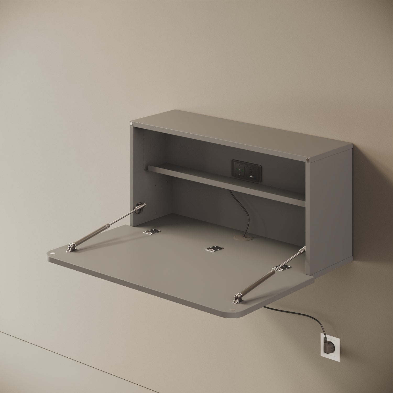 Scrittoio Segno grigio elettrificato aperto, vista laterale – piano 84x42 cm, presa e USB integrati