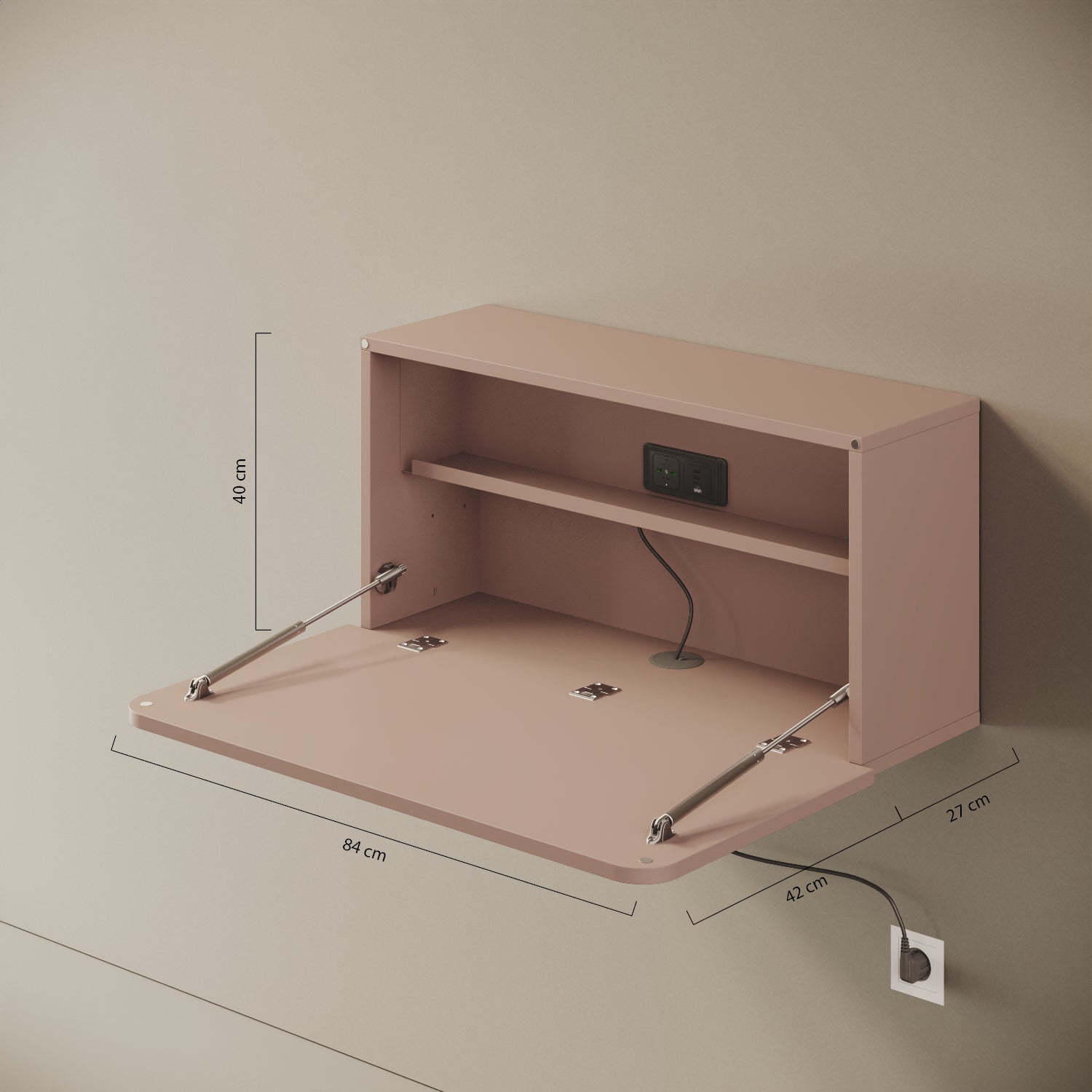 Scrittoio Segno cipria elettrificato aperto – misure 84x42x40 cm, presa USB-A e USB-C integrati