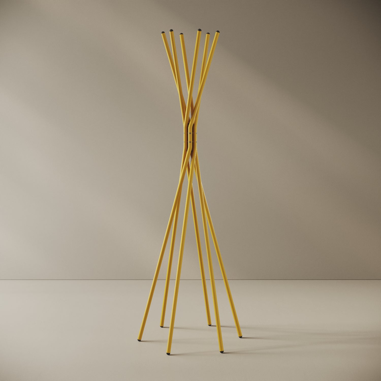Appendiabiti a terra Tree giallo, vista frontale — ferro verniciato a polveri epossipoliestere, struttura ad albero h 177 cm, base Ø 60 cm con 6 bracci portaoggetti