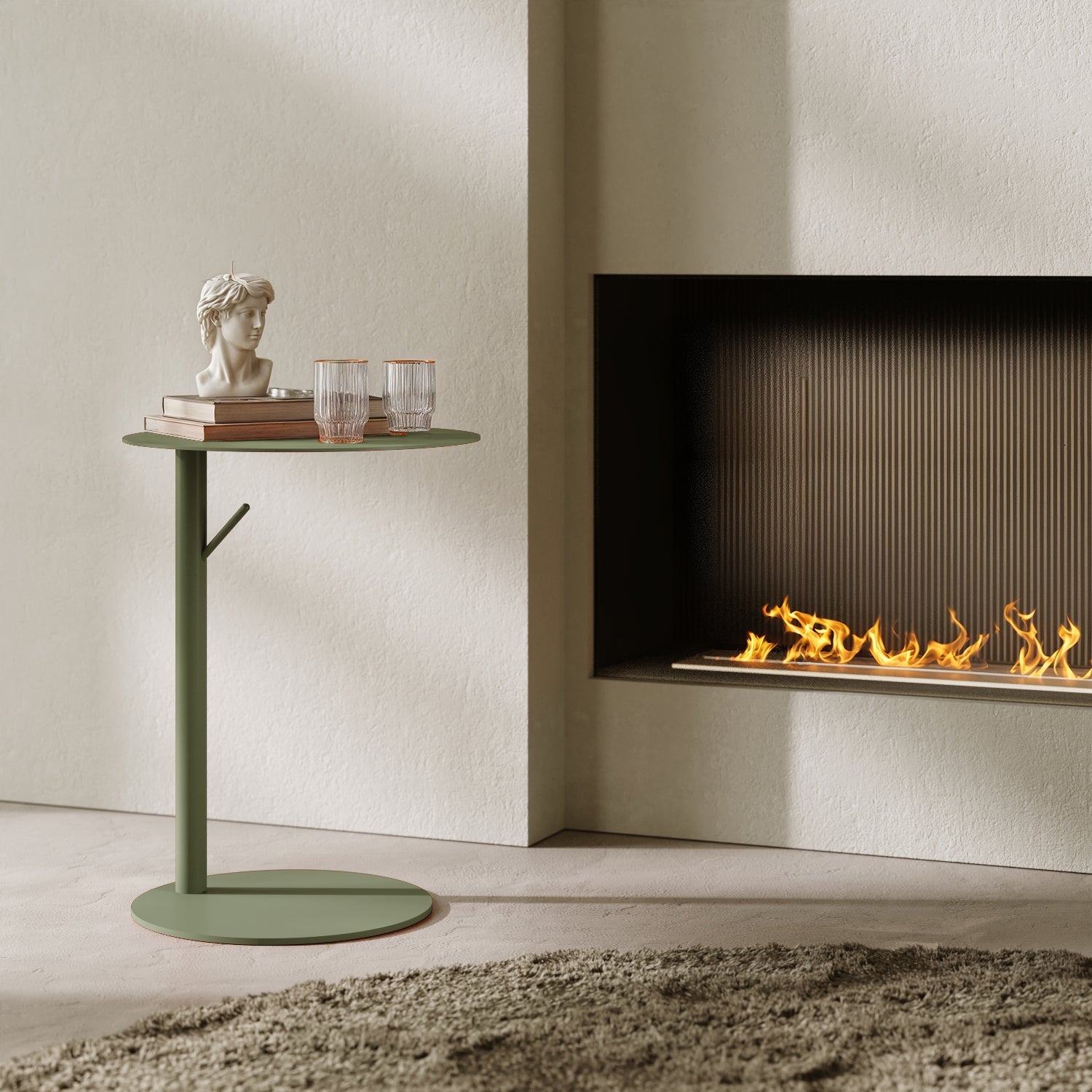 Tavolino Italia rotondo verde in contesto living, abbinato a divano e accessori