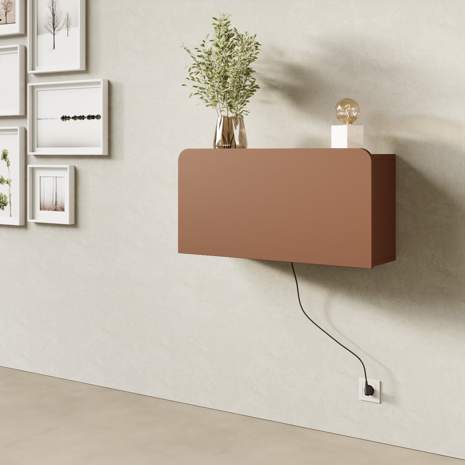Scrittoio Segno red curry elettrificato chiuso in home office, mensola a parete design moderno