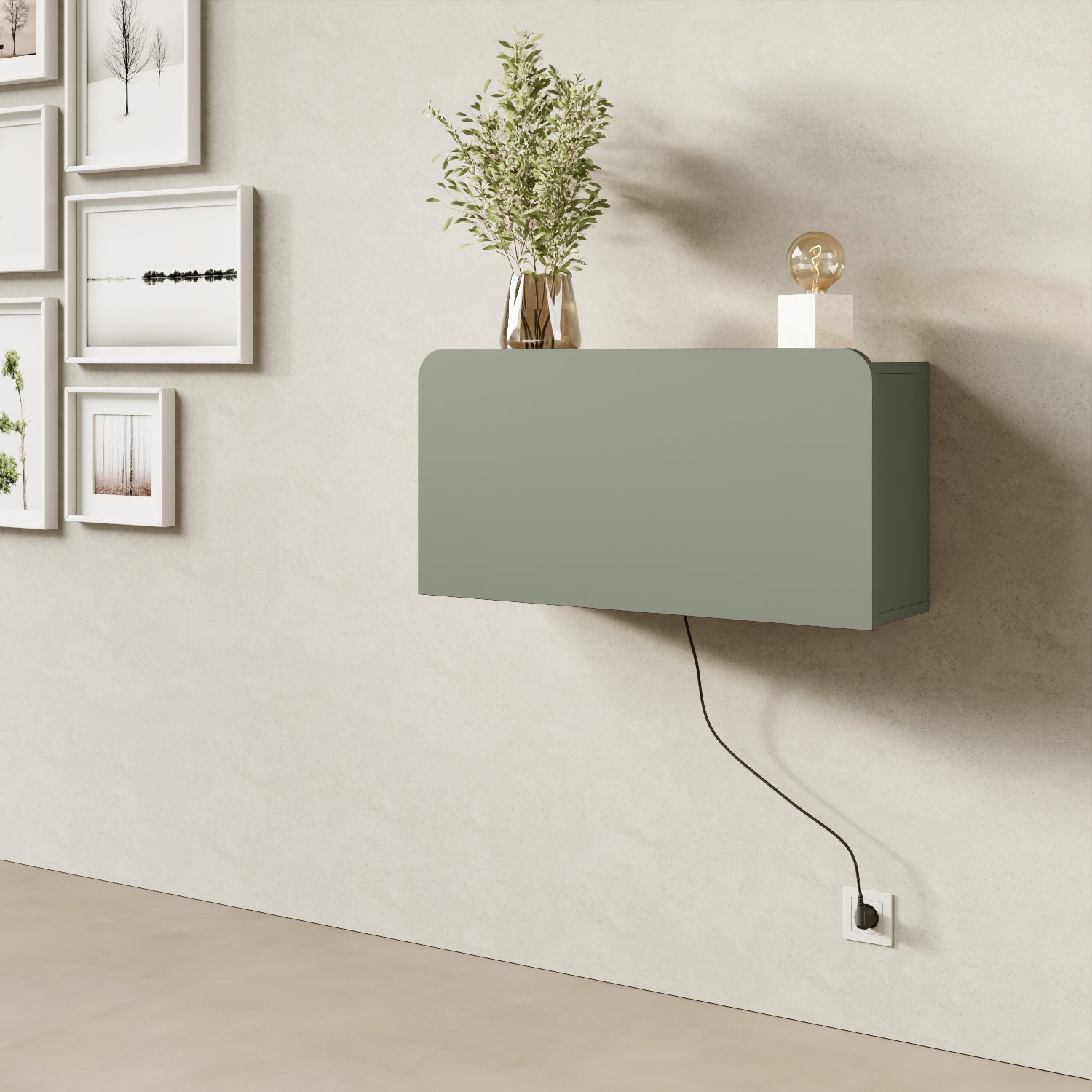 Scrittoio Segno verde elettrificato chiuso in home office, mensola a parete design moderno