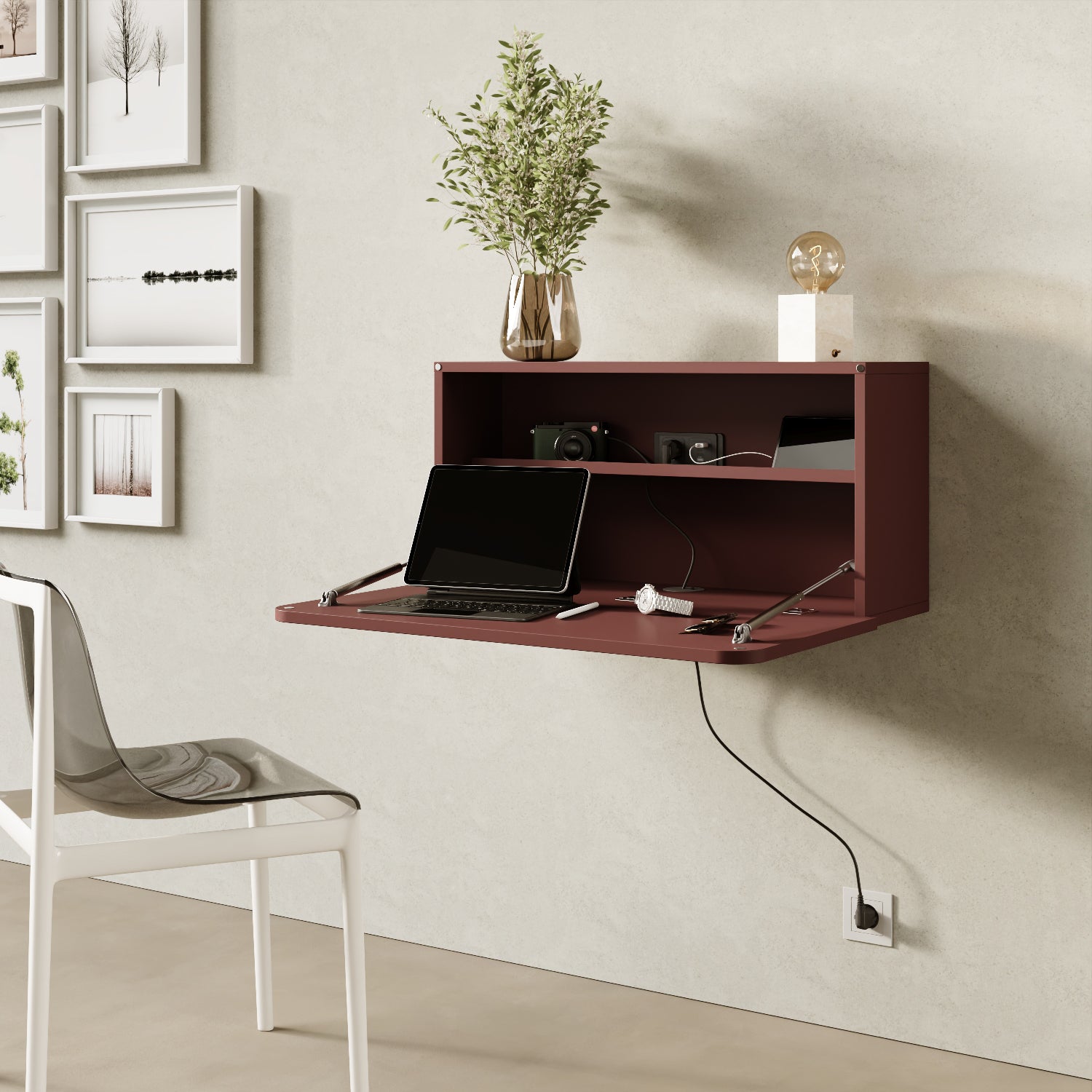 Scrittoio Segno rosso elettrificato aperto in home office, scrivania a muro salvaspazio