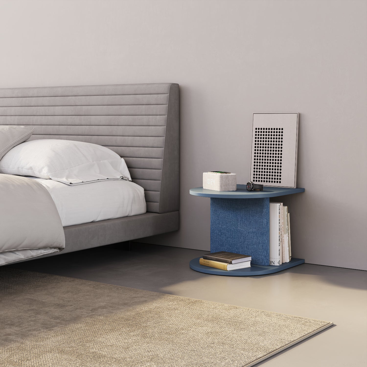 Comodino Strato blu in camera da letto, side table design contemporaneo