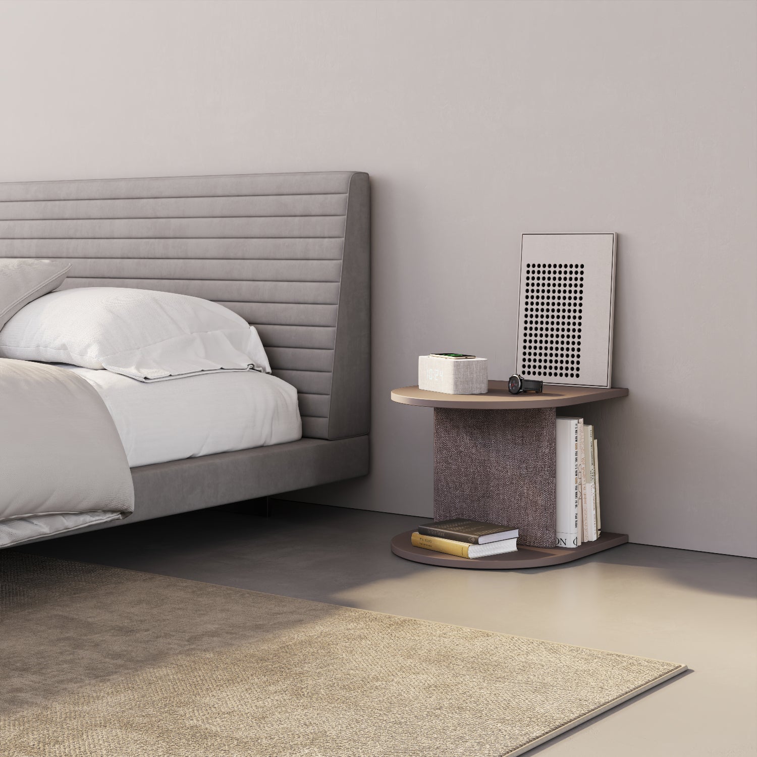 Comodino Strato cappuccino in camera da letto, side table design contemporaneo