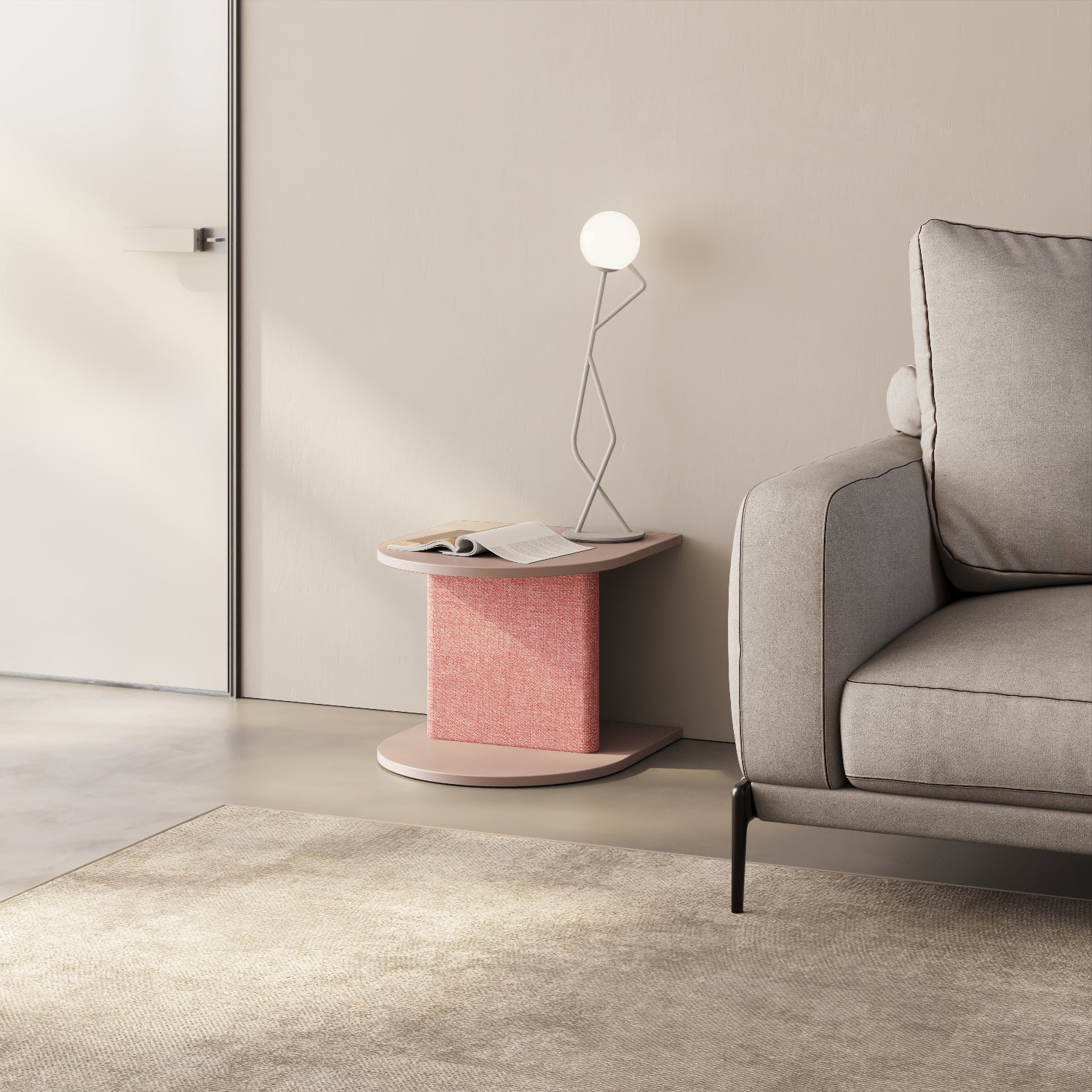 Comodino Strato cipria come side table in living moderno