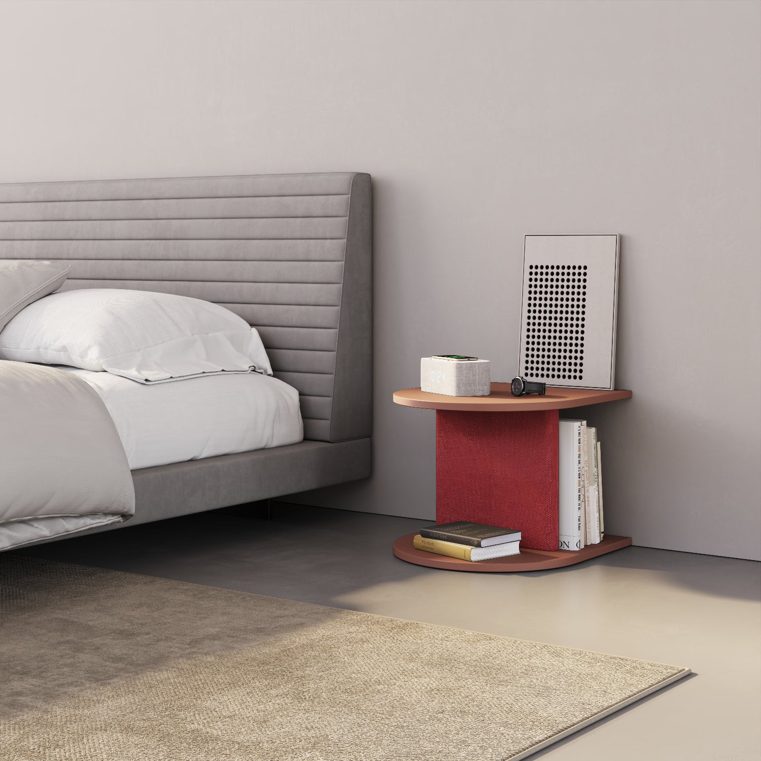 Comodino Strato red curry in camera da letto, side table design contemporaneo