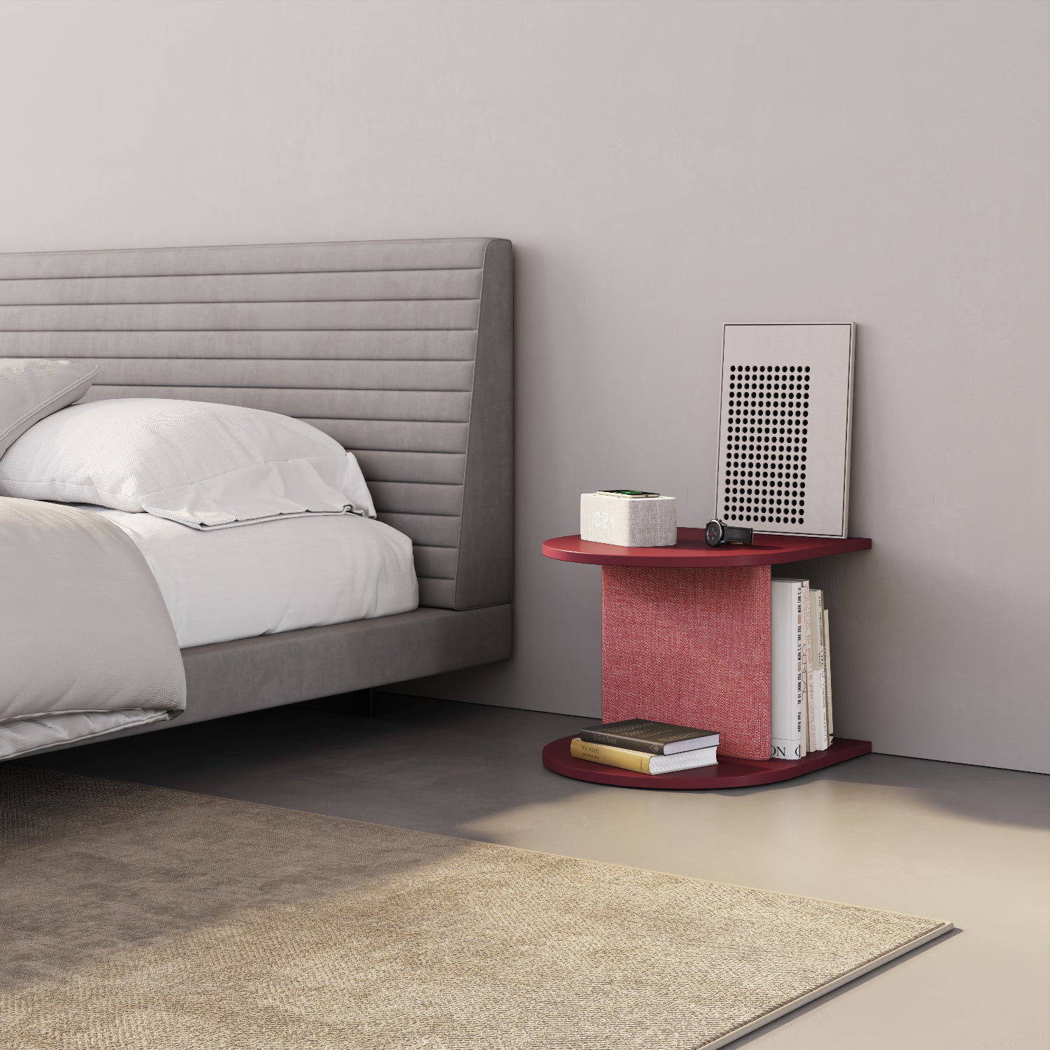 Comodino Strato rosso in camera da letto, side table design contemporaneo