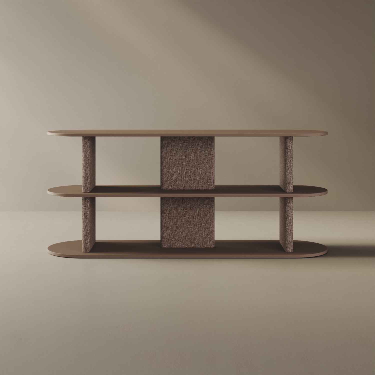 Libreria Strato cappuccino M, vista frontale – libreria design 170x45,5x72,5 cm legno nobilitato e tessuto