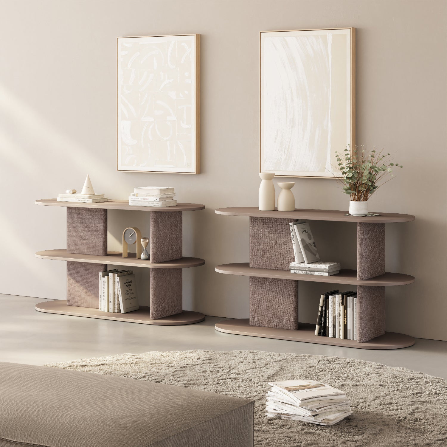Libreria Strato cappuccino S in soggiorno contemporaneo, libreria design italiana