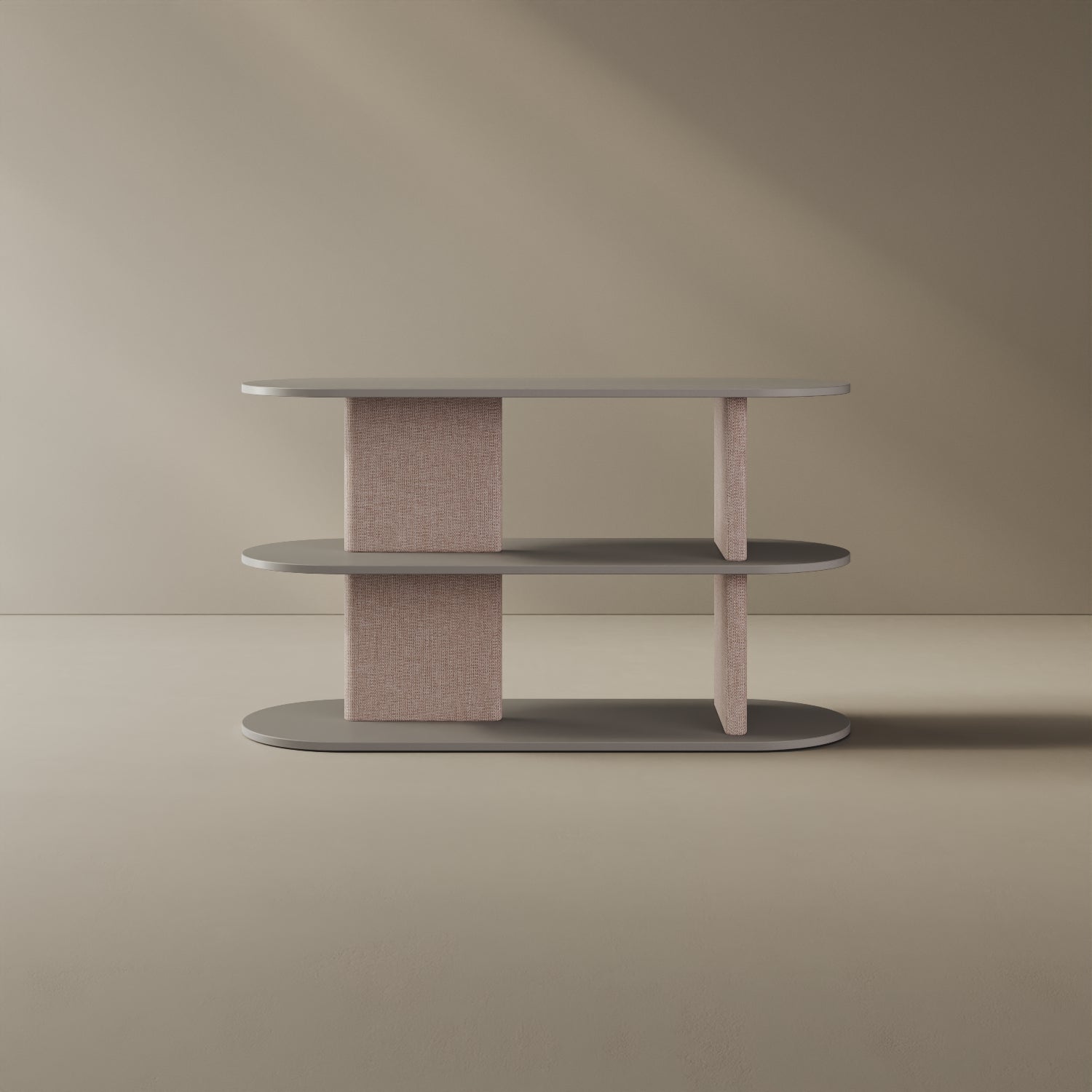 Libreria Strato grigio S, vista frontale – libreria design 127x45,5x72,5 cm legno nobilitato e tessuto