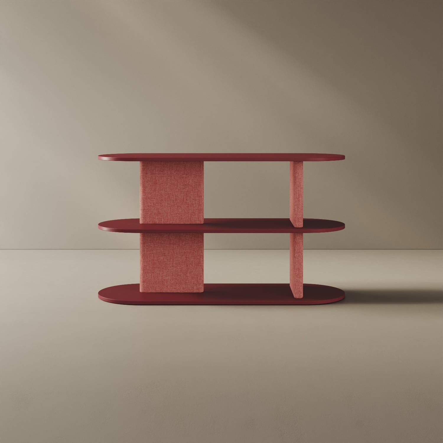 Libreria Strato rosso S, vista frontale – libreria design 127x45,5x72,5 cm legno nobilitato e tessuto