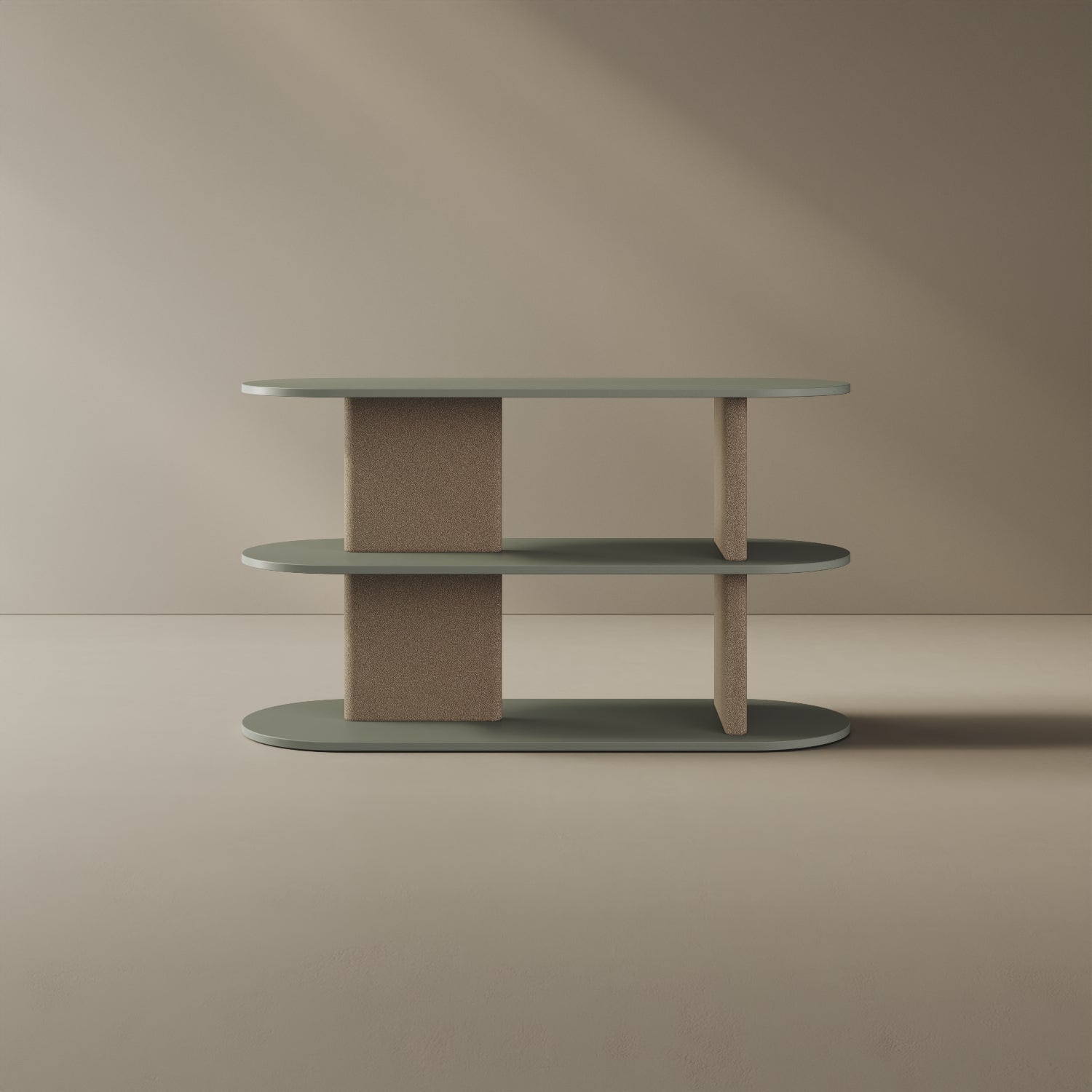 Libreria Strato verde S, vista frontale – libreria design 127x45,5x72,5 cm legno nobilitato e tessuto