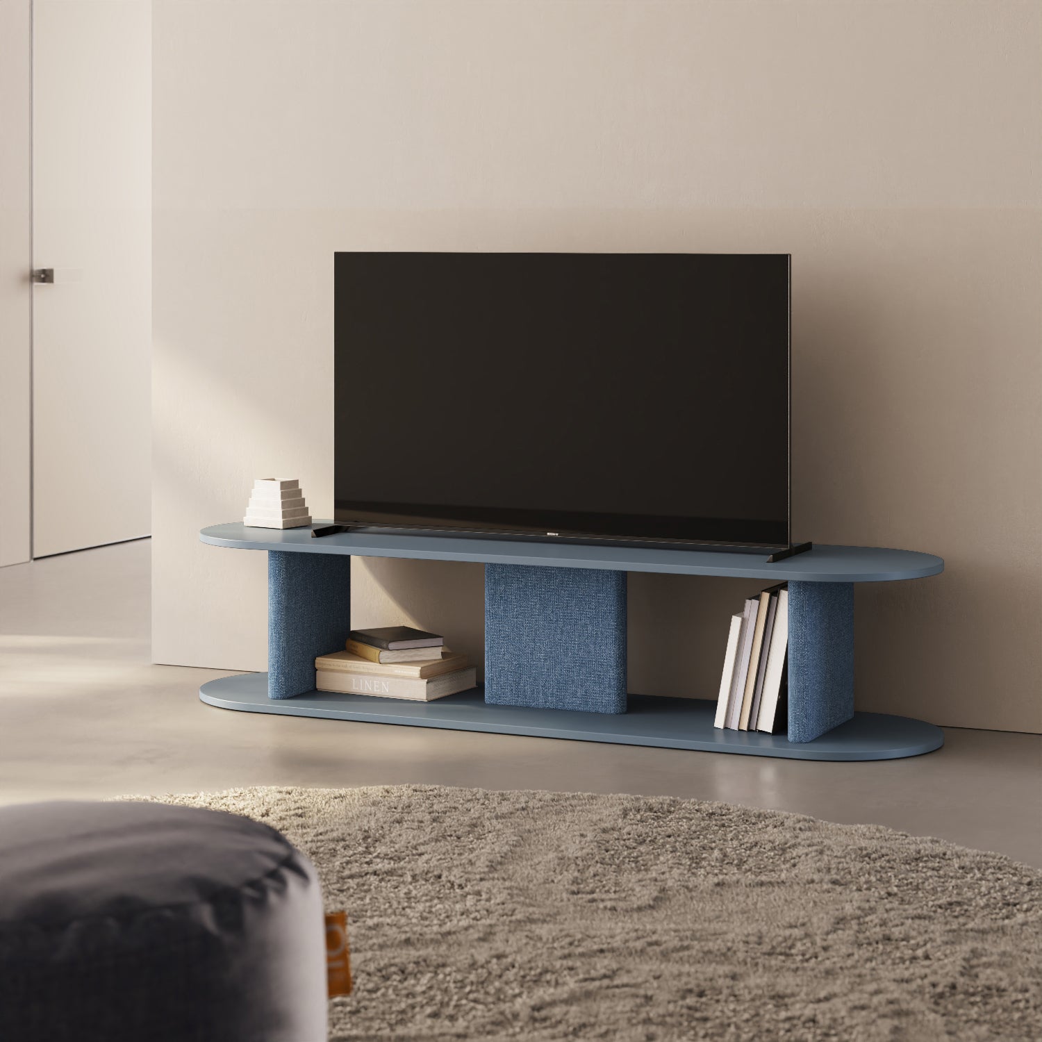 Mobile TV Strato blu M in soggiorno contemporaneo, mobile TV basso design italiano