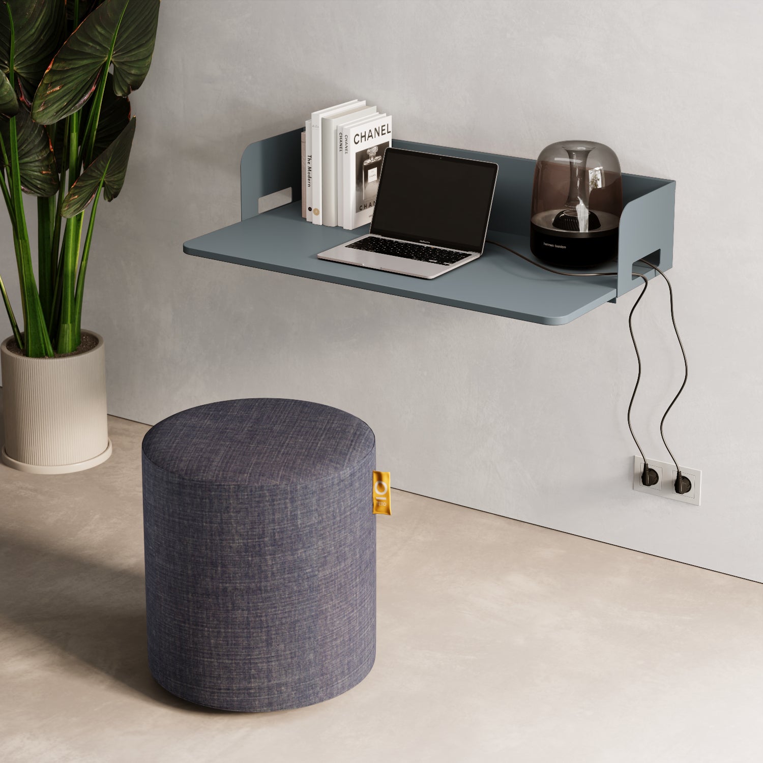 Scrittoio a parete Praga blu installato in home office, stile moderno contemporaneo