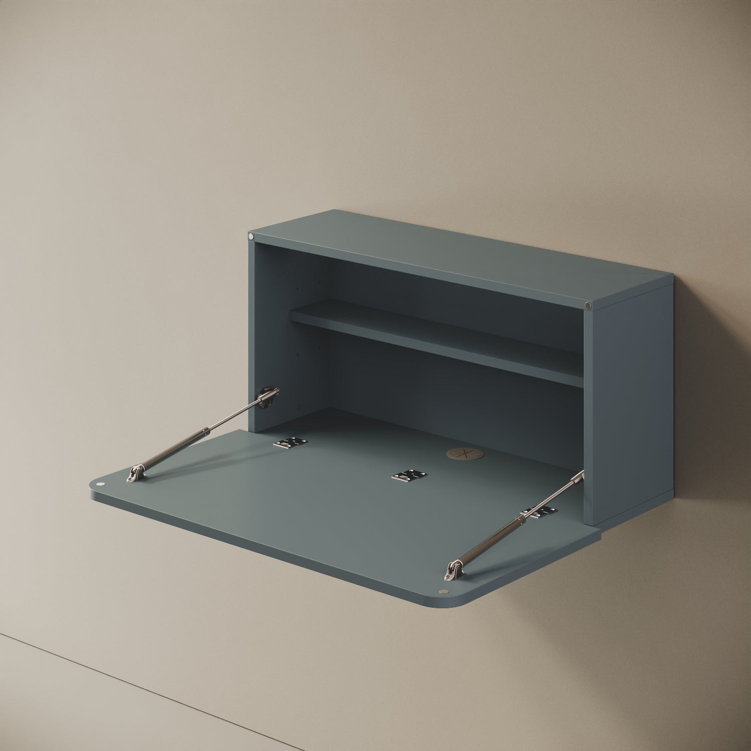 Scrittoio Segno blu aperto, vista laterale – piano ribaltabile 42 cm, cerniere a vista
