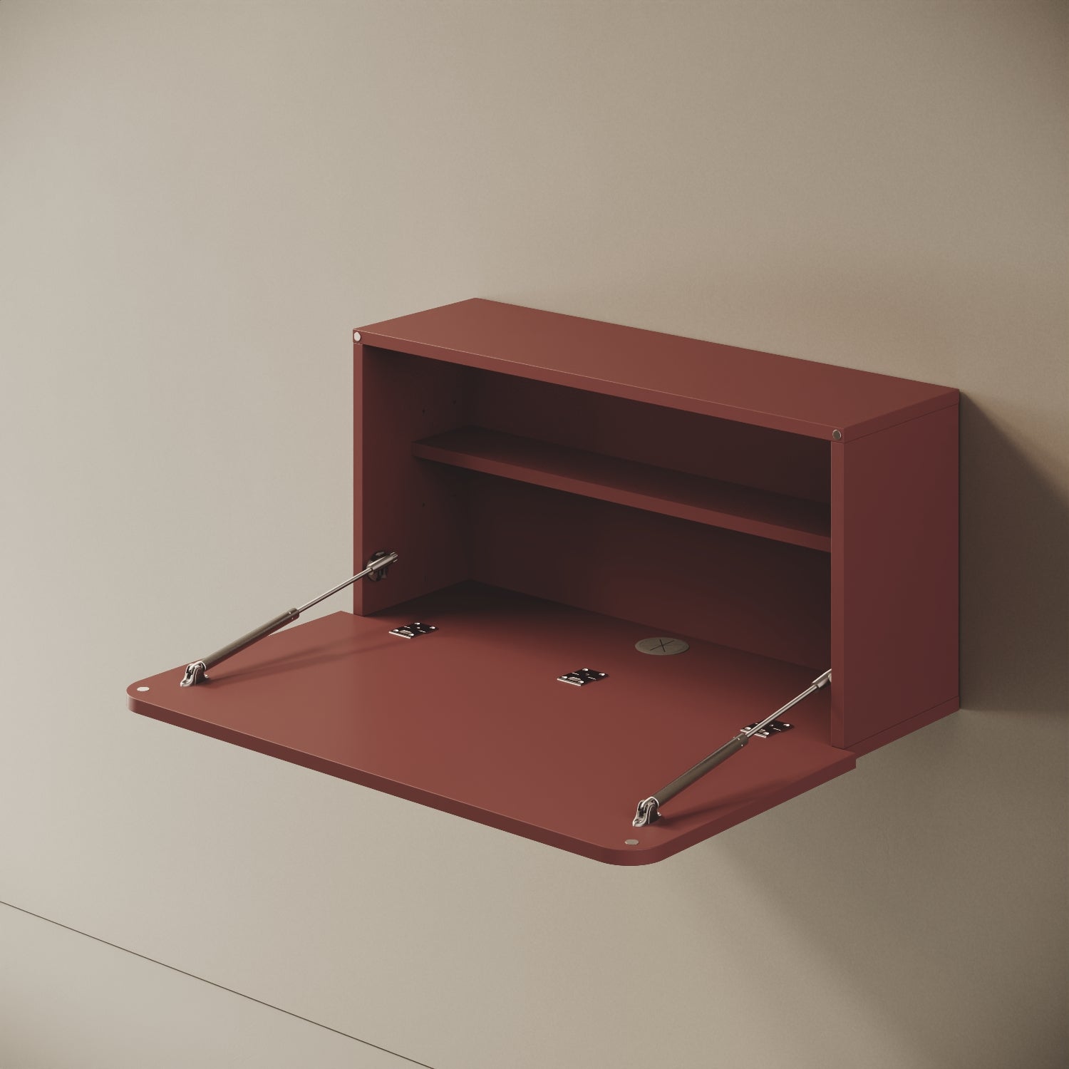 Scrittoio Segno rosso aperto, vista laterale – piano ribaltabile 42 cm, cerniere a vista