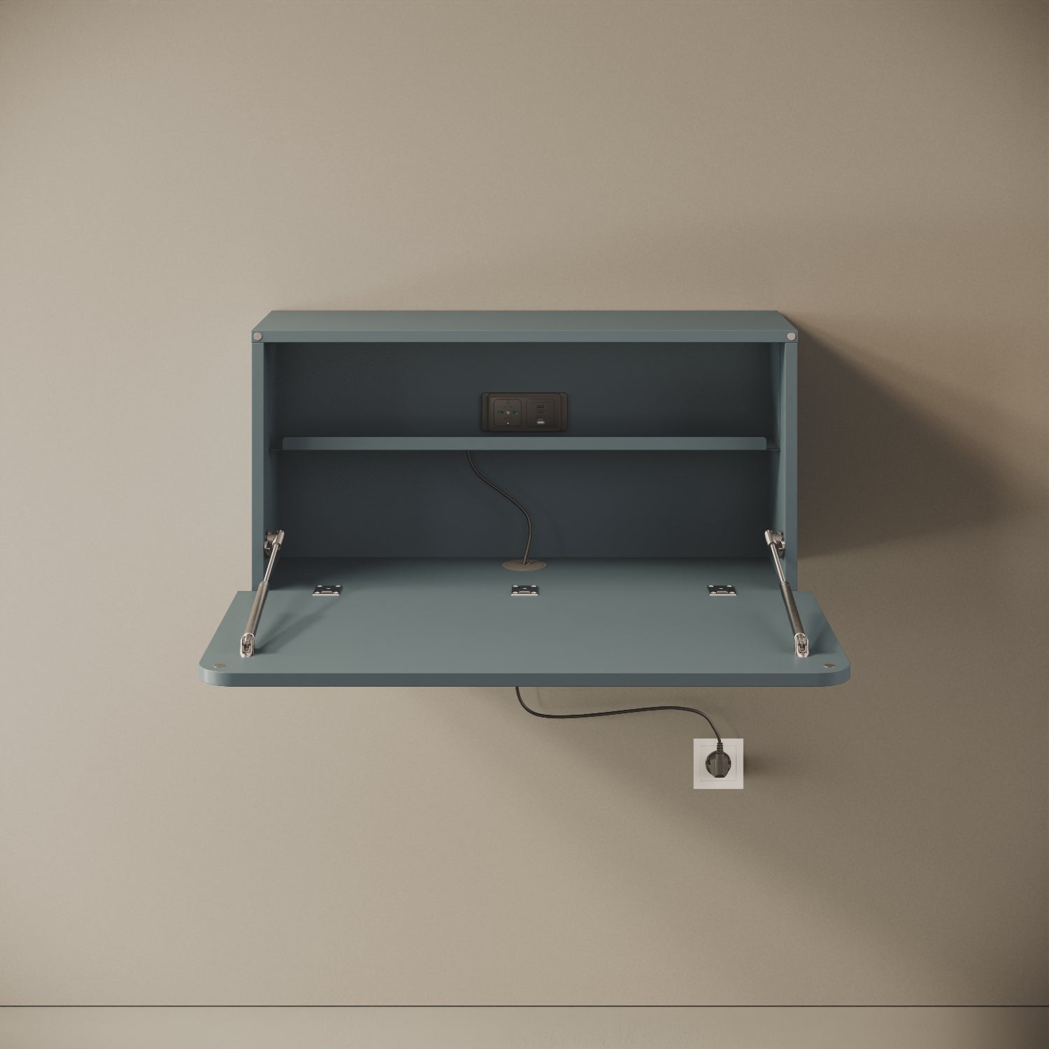 Scrittoio Segno blu elettrificato aperto, vista frontale – scrivania 84x42 cm, presa USB-A e USB-C