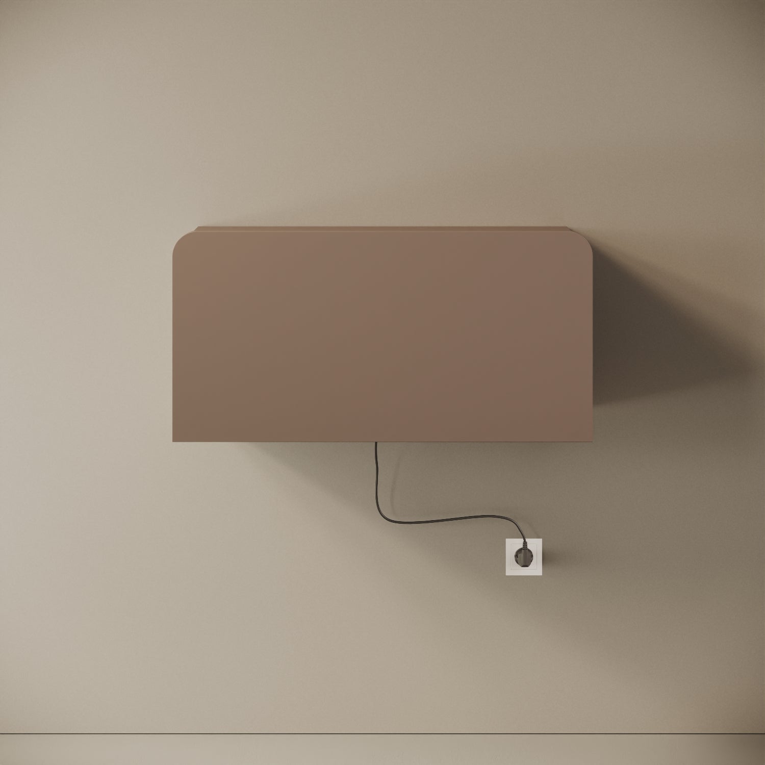 Scrittoio Segno cappuccino elettrificato chiuso, vista frontale – mensola 84x29x42 cm, cavo e presa a parete