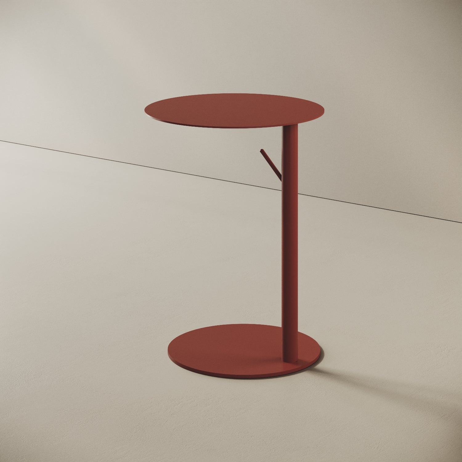 Tavolino Italia rotondo rosso, vista laterale — dettaglio gambe in metallo e base Ø 38 cm