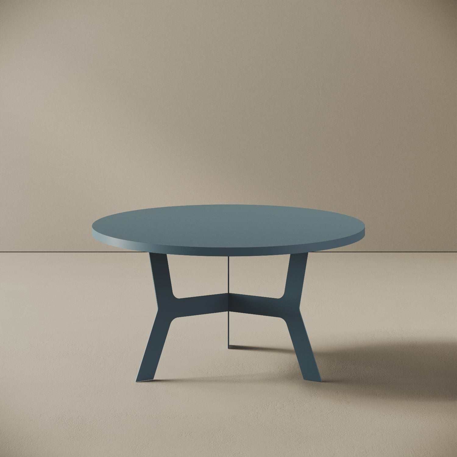 Madrid tavolino da caffè rotondo blu basso, vista frontale — struttura in metallo verniciato blu, piano in legno nobilitato, design compatto