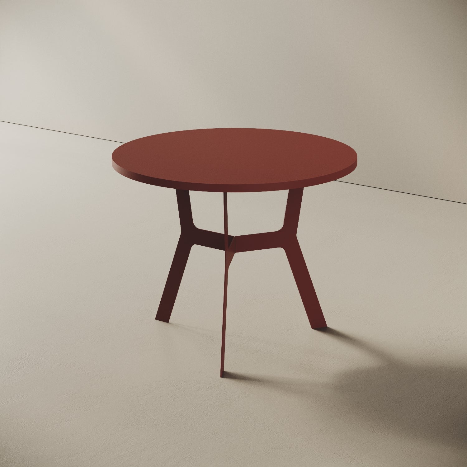 Madrid tavolino da caffè rotondo rosso alto, vista laterale — gambe in metallo rosso e piano in legno nobilitato