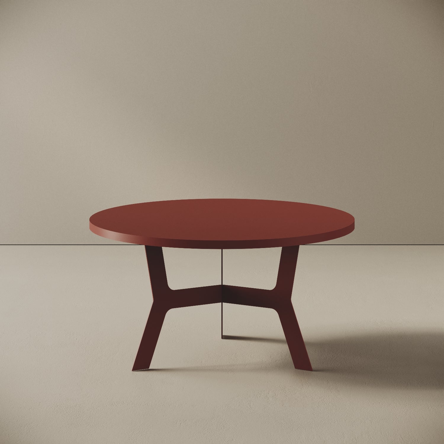 Madrid tavolino da caffè rotondo rosso basso, vista frontale — struttura in metallo verniciato rosso, piano in legno nobilitato, design compatto