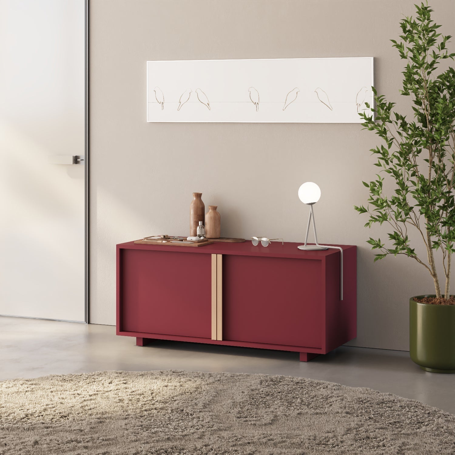 Mobile TV ILE rosso in soggiorno, esempio di mobile TV colorato in legno nobilitato come accento d'arredo