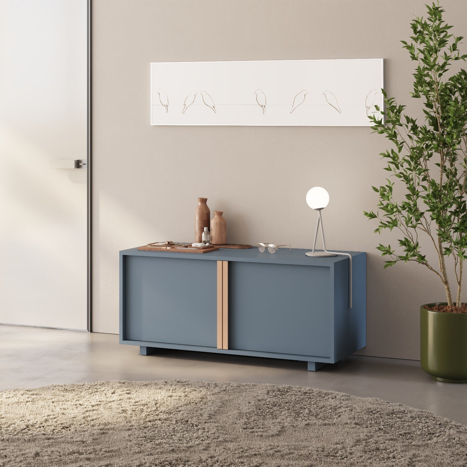 Parete attrezzata moderna con Mobile TV ILE blu in legno nobilitato in un soggiorno contemporaneo
