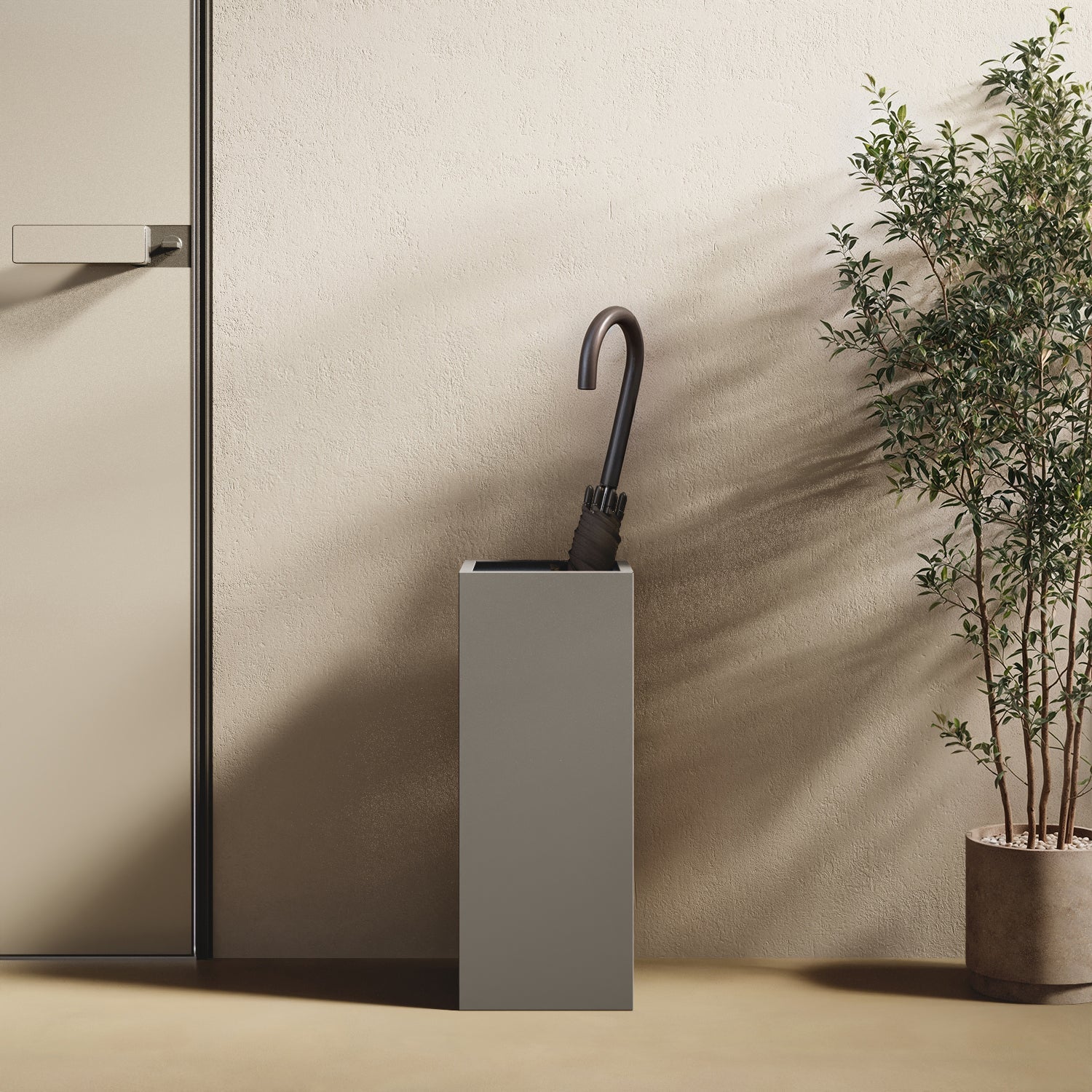 Portaombrelli ALL grigio in ingresso domestico: portaombrelli in ferro verniciato che funziona anche come cestino, design minimal