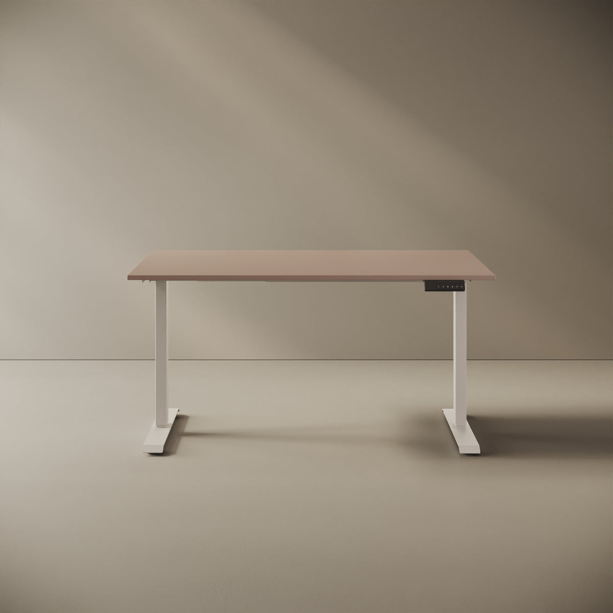 Scrivania Elevabile Up cipria 140cm, vista frontale — piano in legno nobilitato 140x80 cm, struttura metallica con motore elettrico