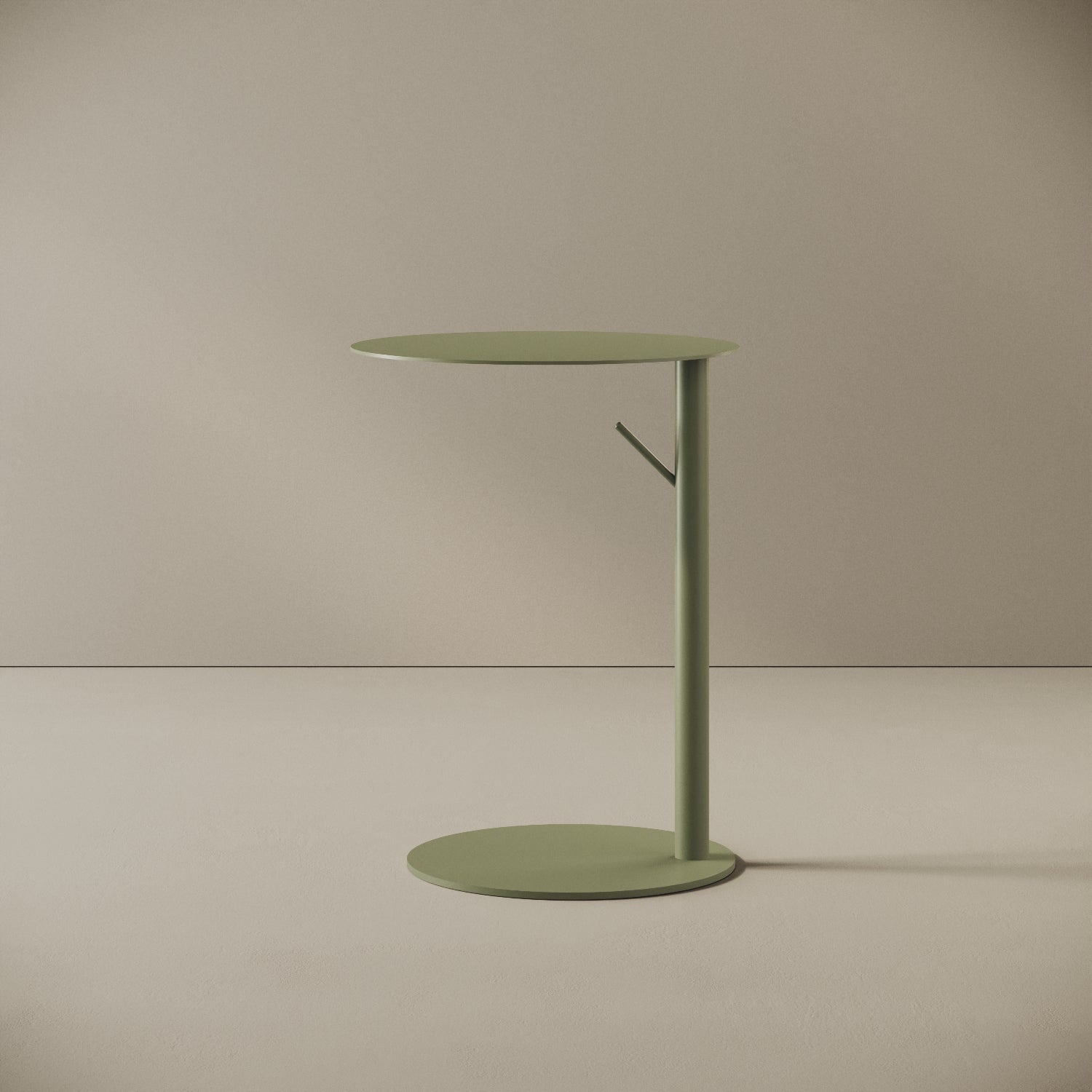Tavolino da caffè Italia rotondo colore verde, vista frontale — struttura in metallo verniciato a polvere epossidica, piano Ø 45 cm, h 60 cm