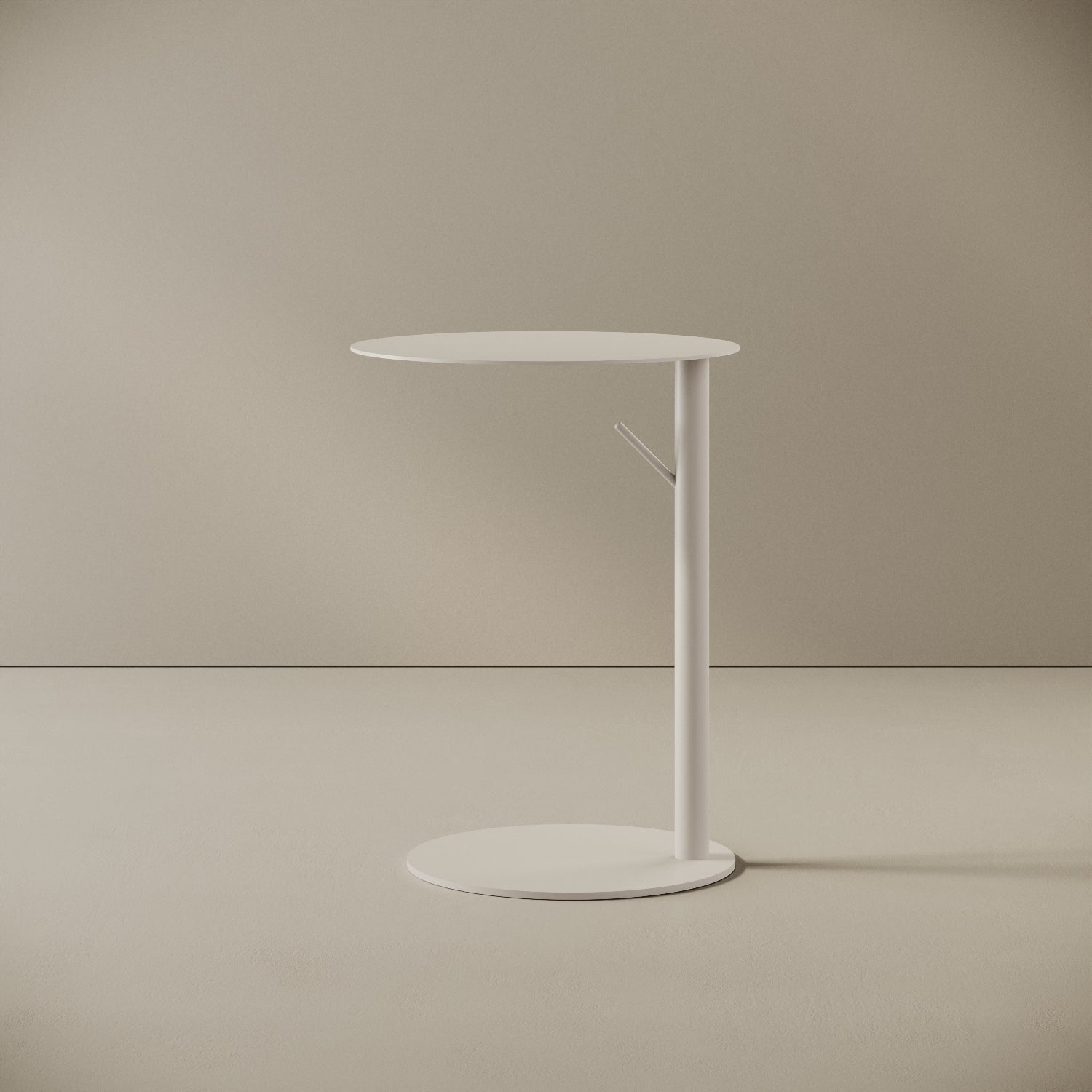 Tavolino da caffè Italia rotondo colore bianco, vista frontale — struttura in metallo verniciato a polvere epossidica, piano Ø 45 cm, h 60 cm