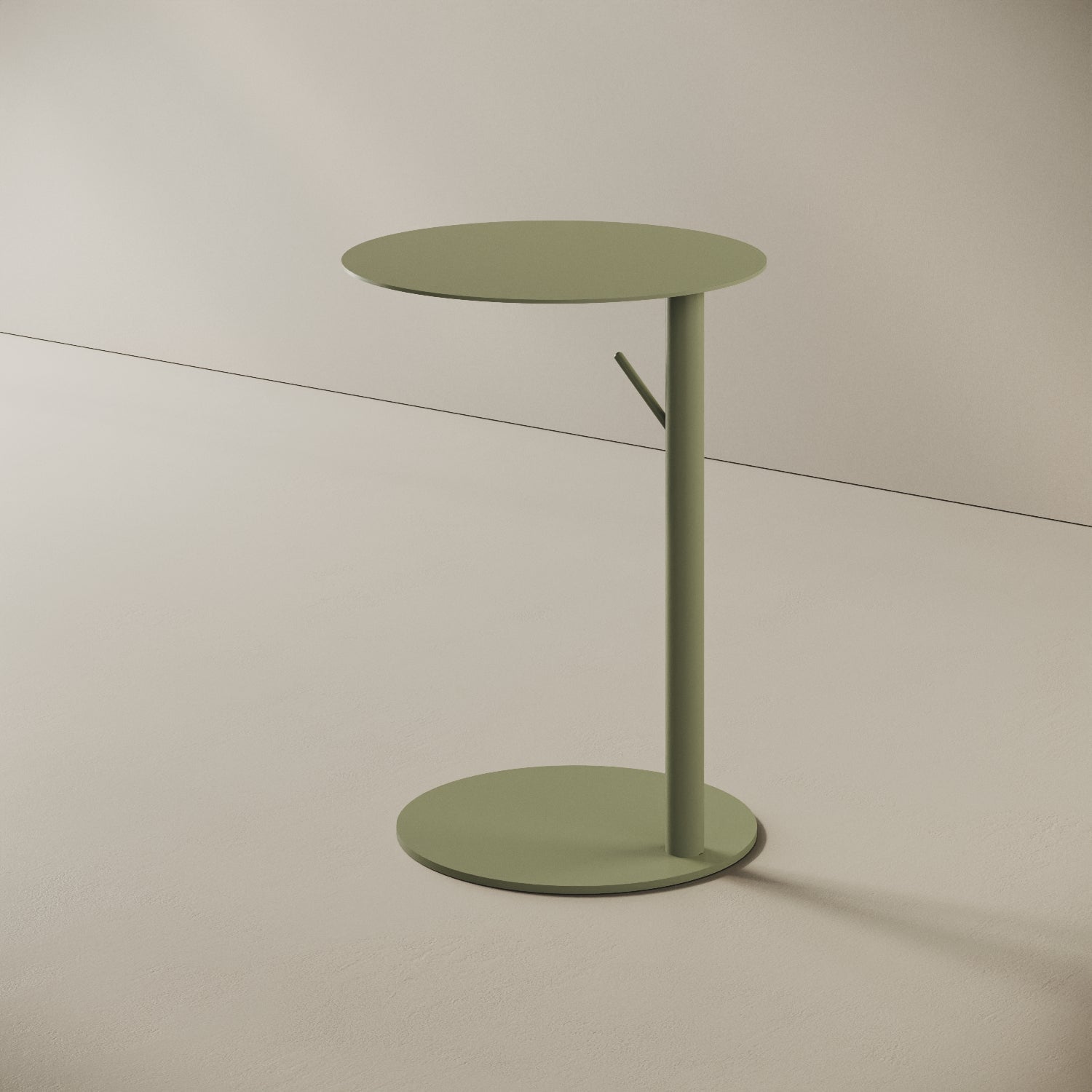 Tavolino Italia rotondo verde, vista laterale — dettaglio gambe in metallo e base Ø 38 cm
