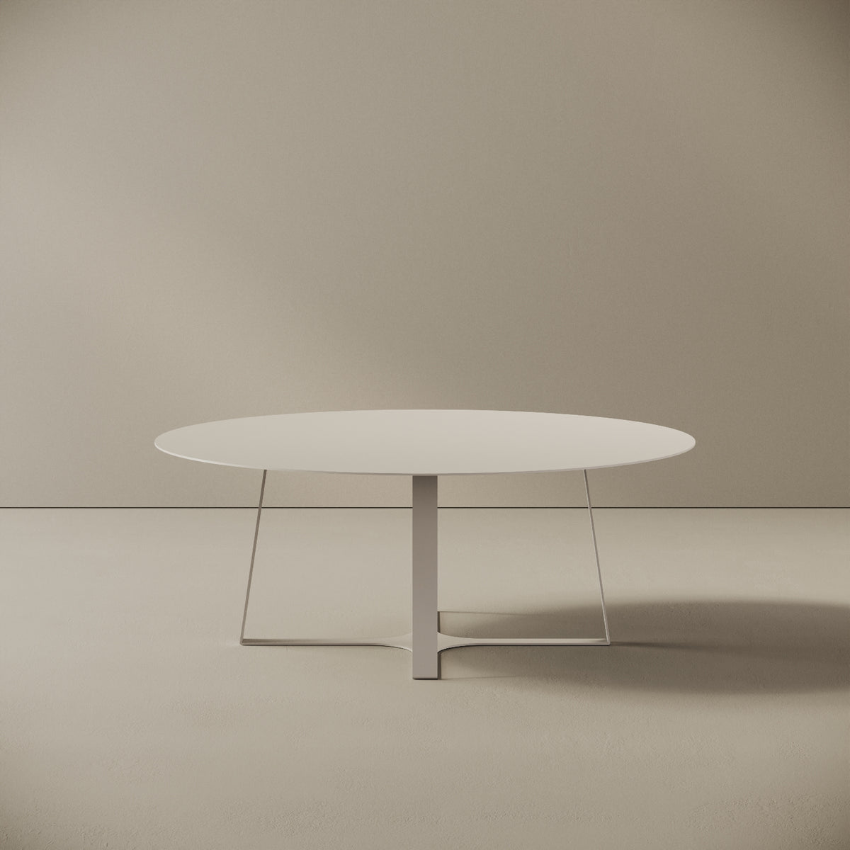 Tavolino da caffè Japan bianco L, vista frontale – struttura in ferro verniciato a polvere epossidica, piano Ø80 cm, base Ø55 cm, h 30 cm