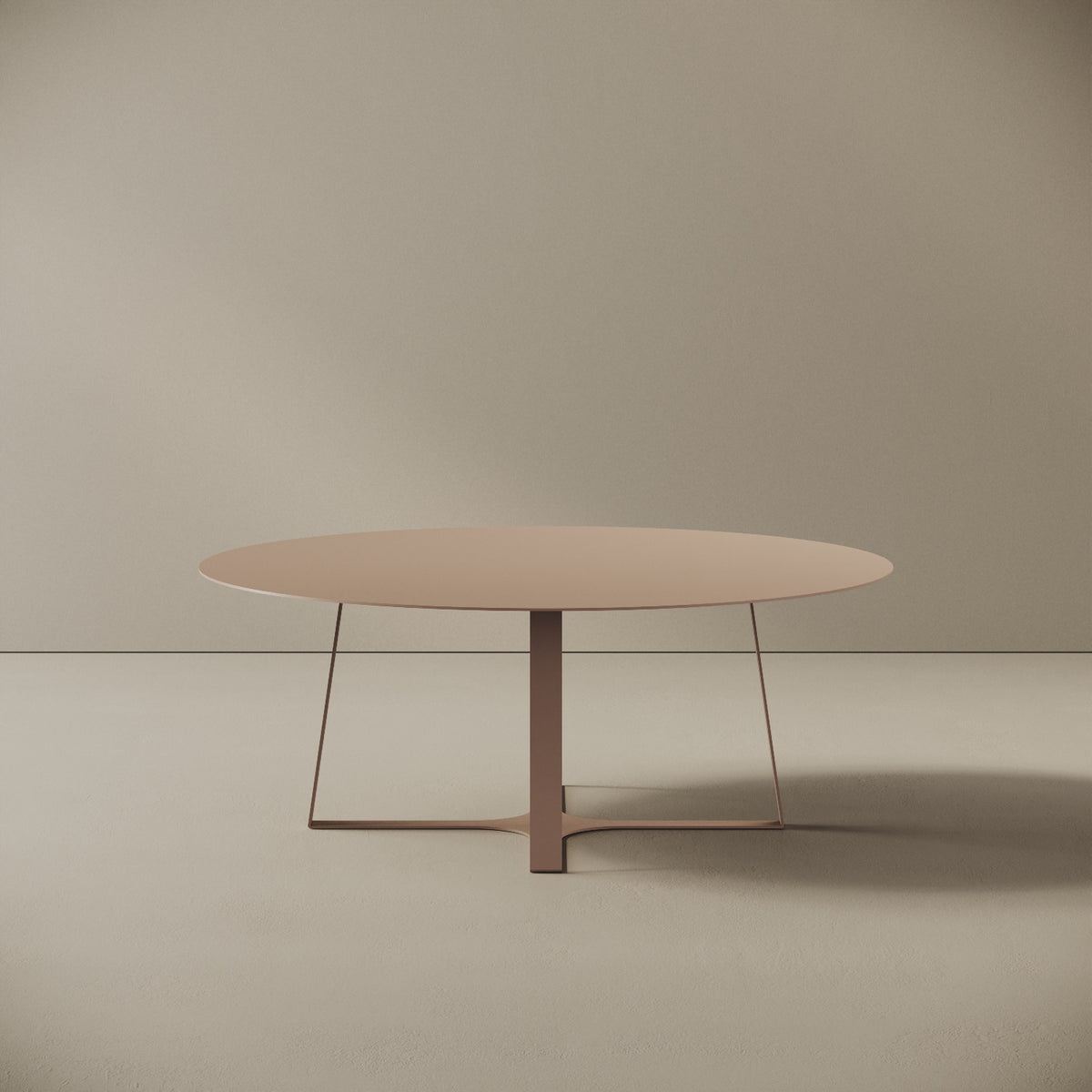 Tavolino da caffè Japan cipria L, vista frontale – struttura in ferro verniciato a polvere epossidica, piano Ø80 cm, base Ø55 cm, h 30 cm