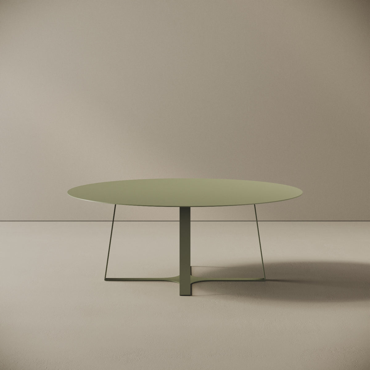 Tavolino da caffè Japan verde L, vista frontale – struttura in ferro verniciato a polvere epossidica, piano Ø80 cm, base Ø55 cm, h 30 cm