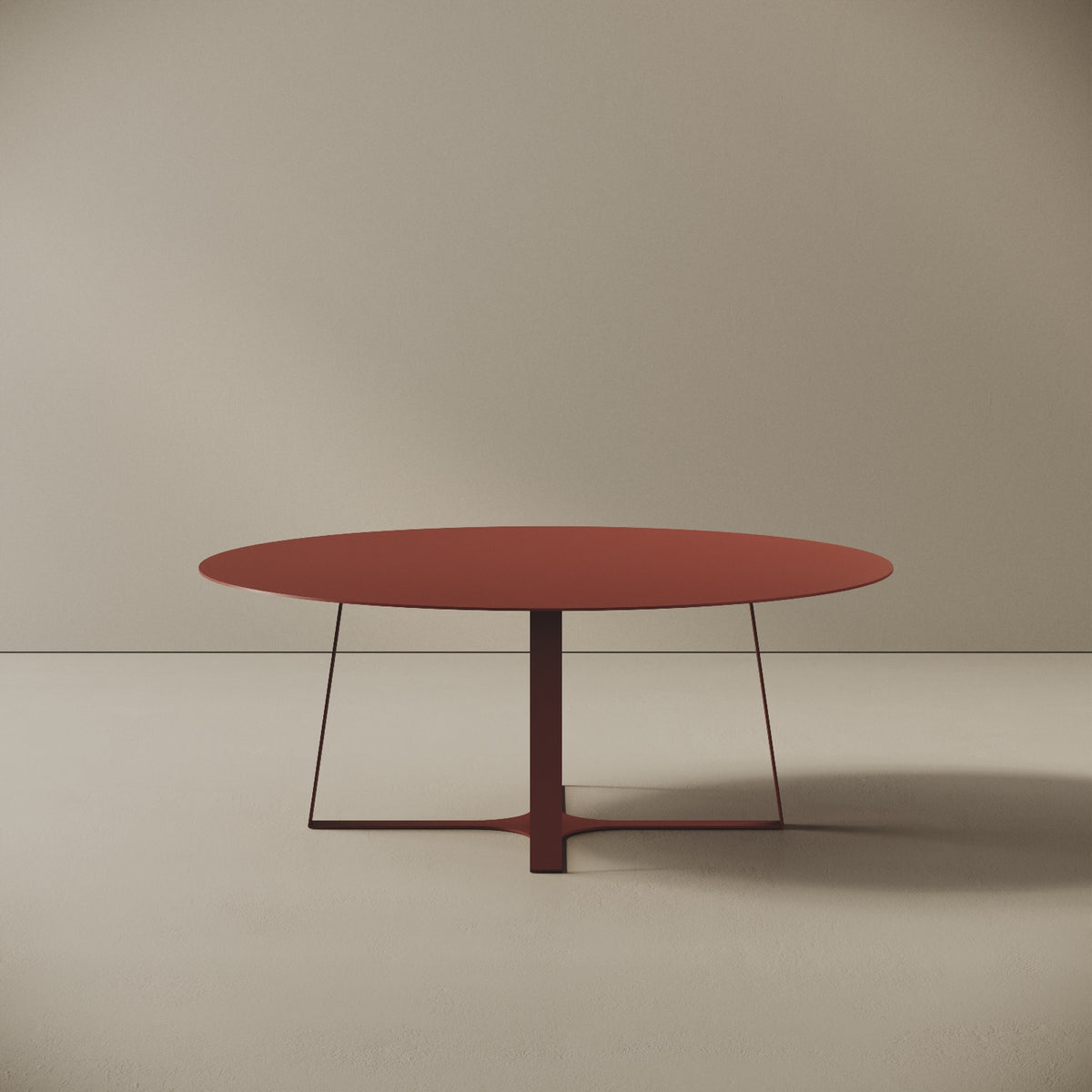 Tavolino da caffè Japan rosso L, vista frontale – struttura in ferro verniciato a polvere epossidica, piano Ø80 cm, base Ø55 cm, h 30 cm