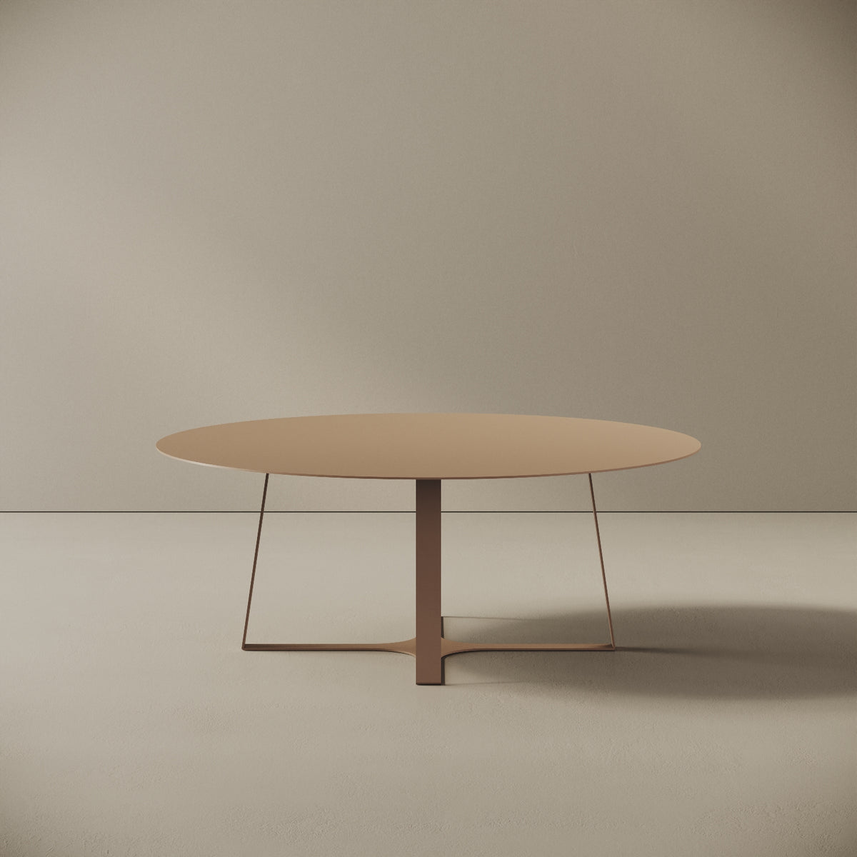 Tavolino da caffè Japan cappuccino L, vista frontale – struttura in ferro verniciato a polvere epossidica, piano Ø80 cm, base Ø55 cm, h 30 cm