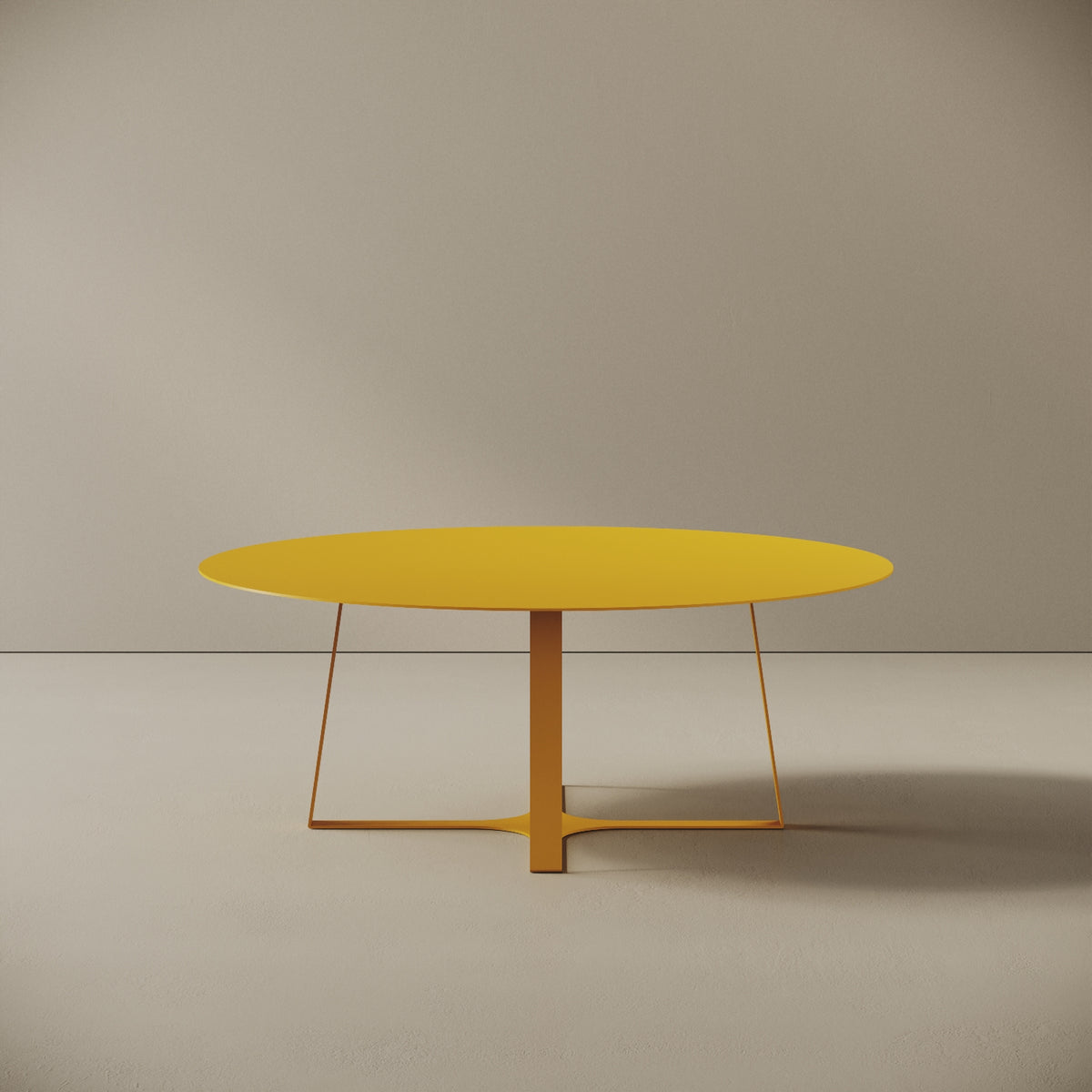 Tavolino da caffè Japan giallo L, vista frontale – struttura in ferro verniciato a polvere epossidica, piano Ø80 cm, base Ø55 cm, h 30 cm