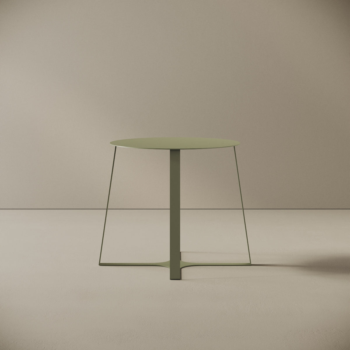 Tavolino da caffè Japan verde S, vista frontale – struttura in ferro verniciato a polvere epossidica, piano Ø47 cm, base Ø55 cm, h 44 cm