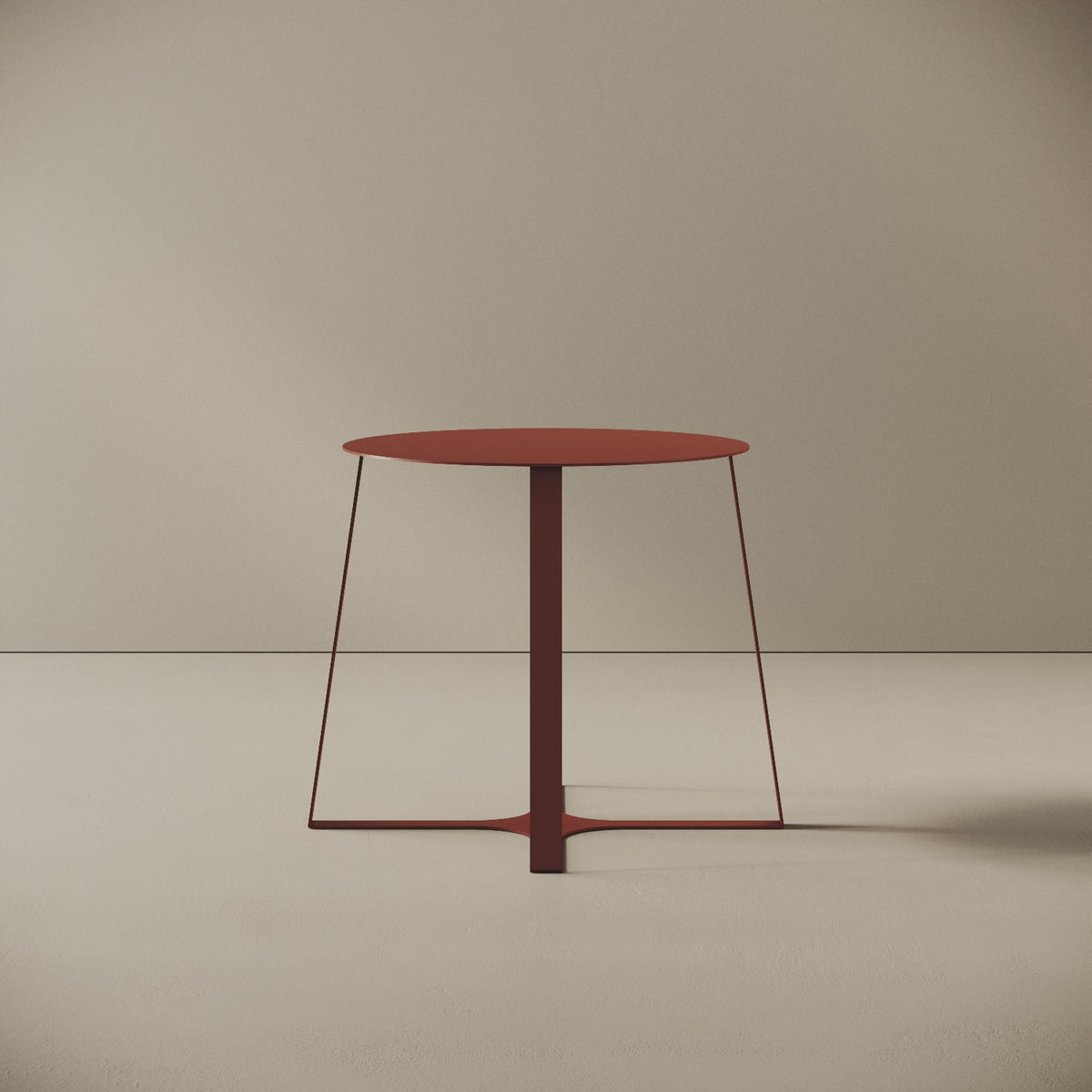Tavolino da caffè Japan rosso S, vista frontale – struttura in ferro verniciato a polvere epossidica, piano Ø47 cm, base Ø55 cm, h 44 cm