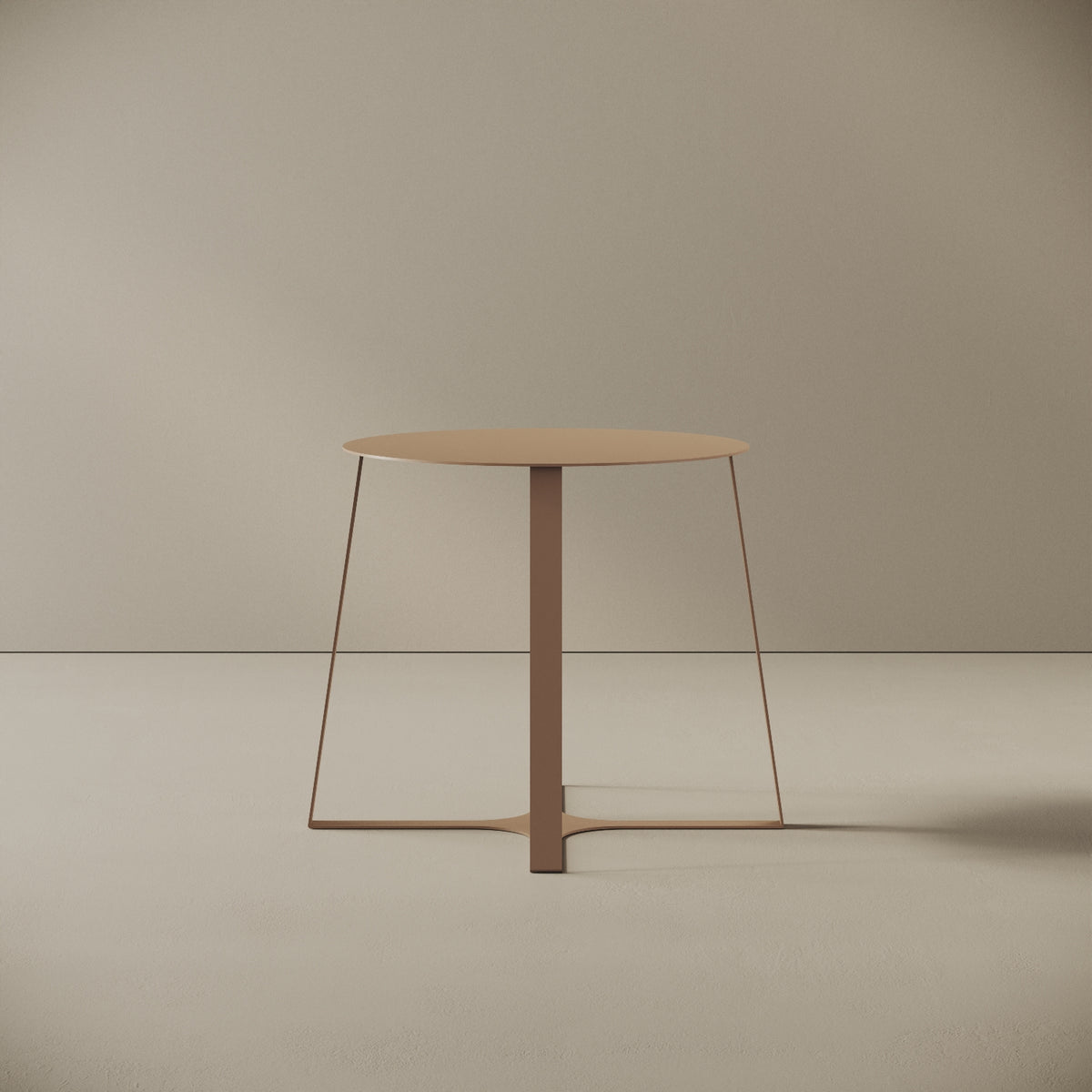 Tavolino da caffè Japan cappuccino S, vista frontale – struttura in ferro verniciato a polvere epossidica, piano Ø47 cm, base Ø55 cm, h 44 cm