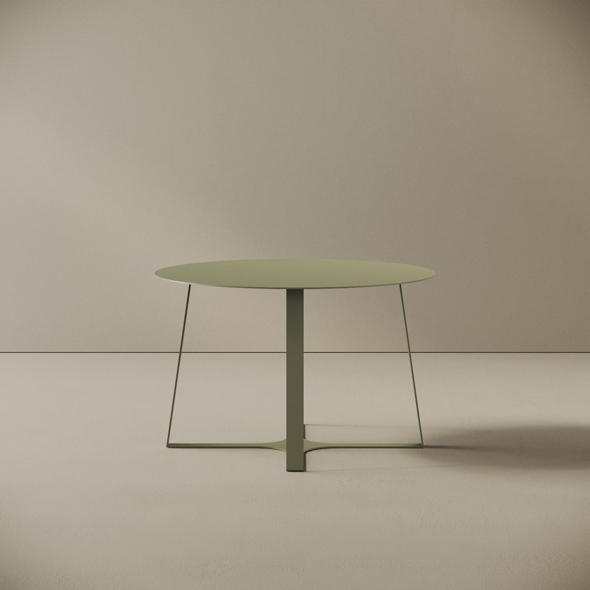 Tavolino da caffè Japan verde M, vista frontale – struttura in ferro verniciato a polvere epossidica, piano Ø60 cm, base Ø55 cm, h 37 cm